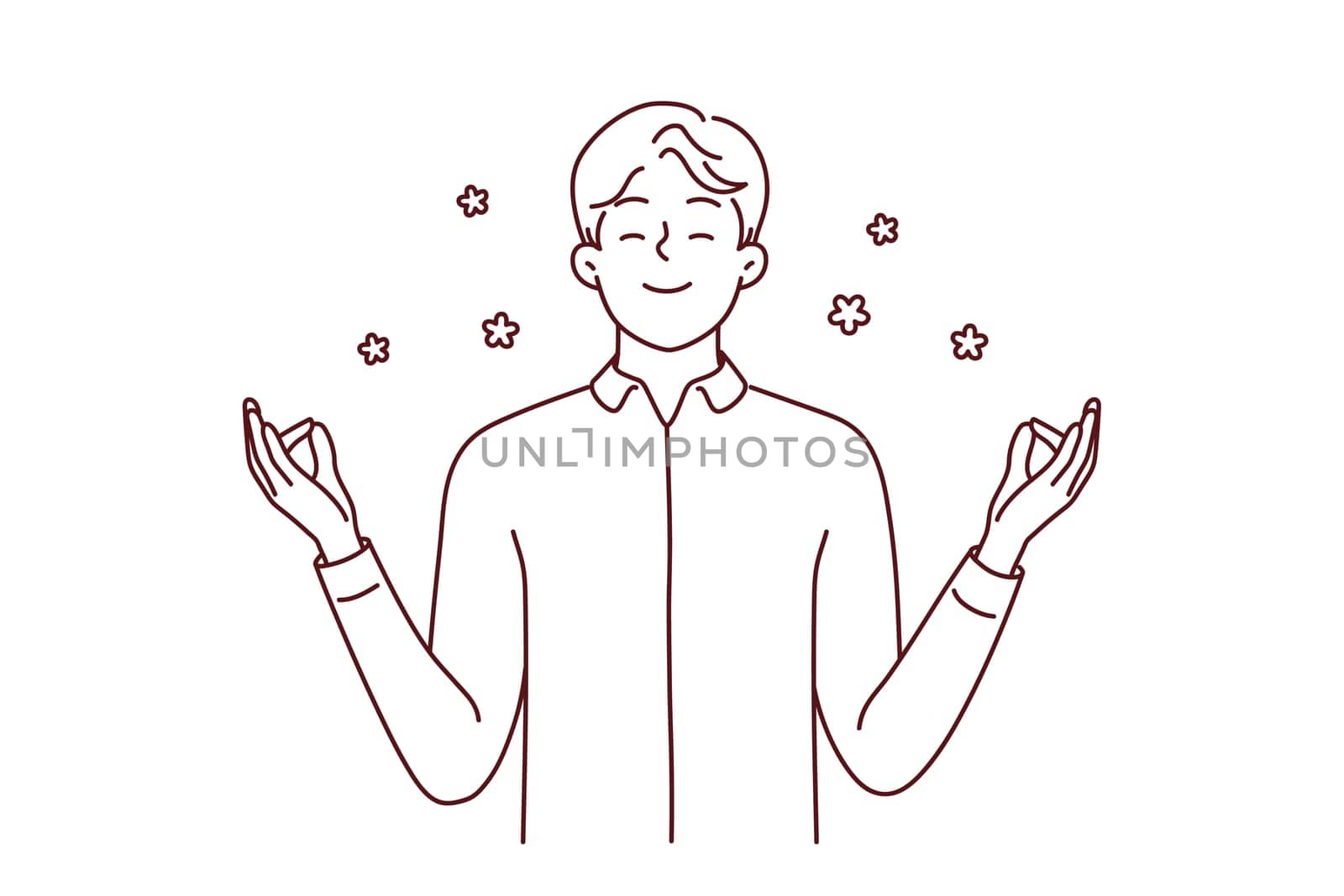 Happy young man with mudra hands meditate relieve negative emotions. Smiling calm male practice yoga think positive. Mental health concept. Vector illustration.