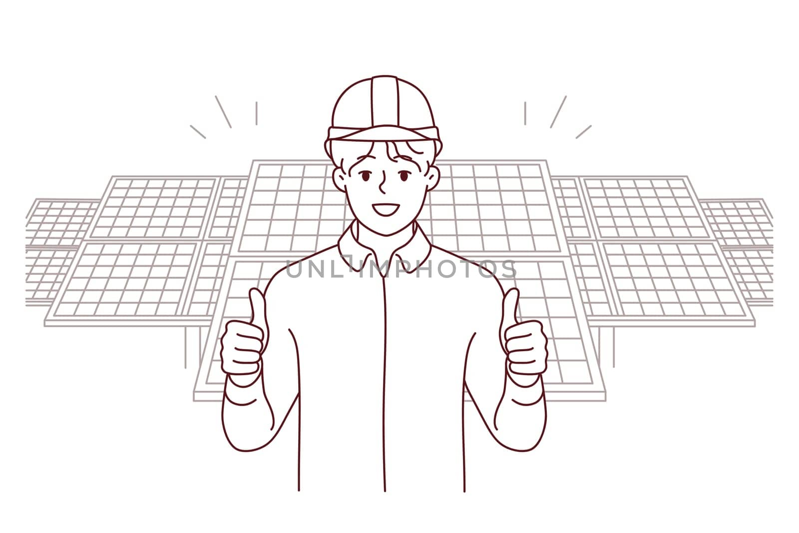 Smiling male engineer in helmet show thumb posing near solar panels. Happy man worker recommend building company. Vector illustration.