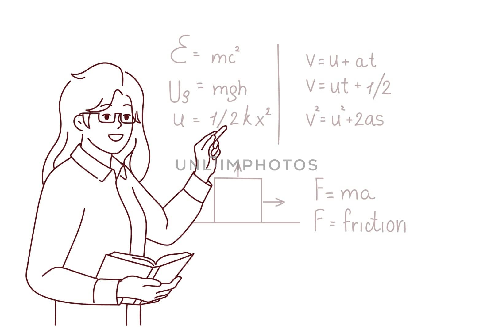 Smiling female teacher standing near black board talking at lesson in school. Happy woman tutor lead math class for pupils. Education. Vector illustration.