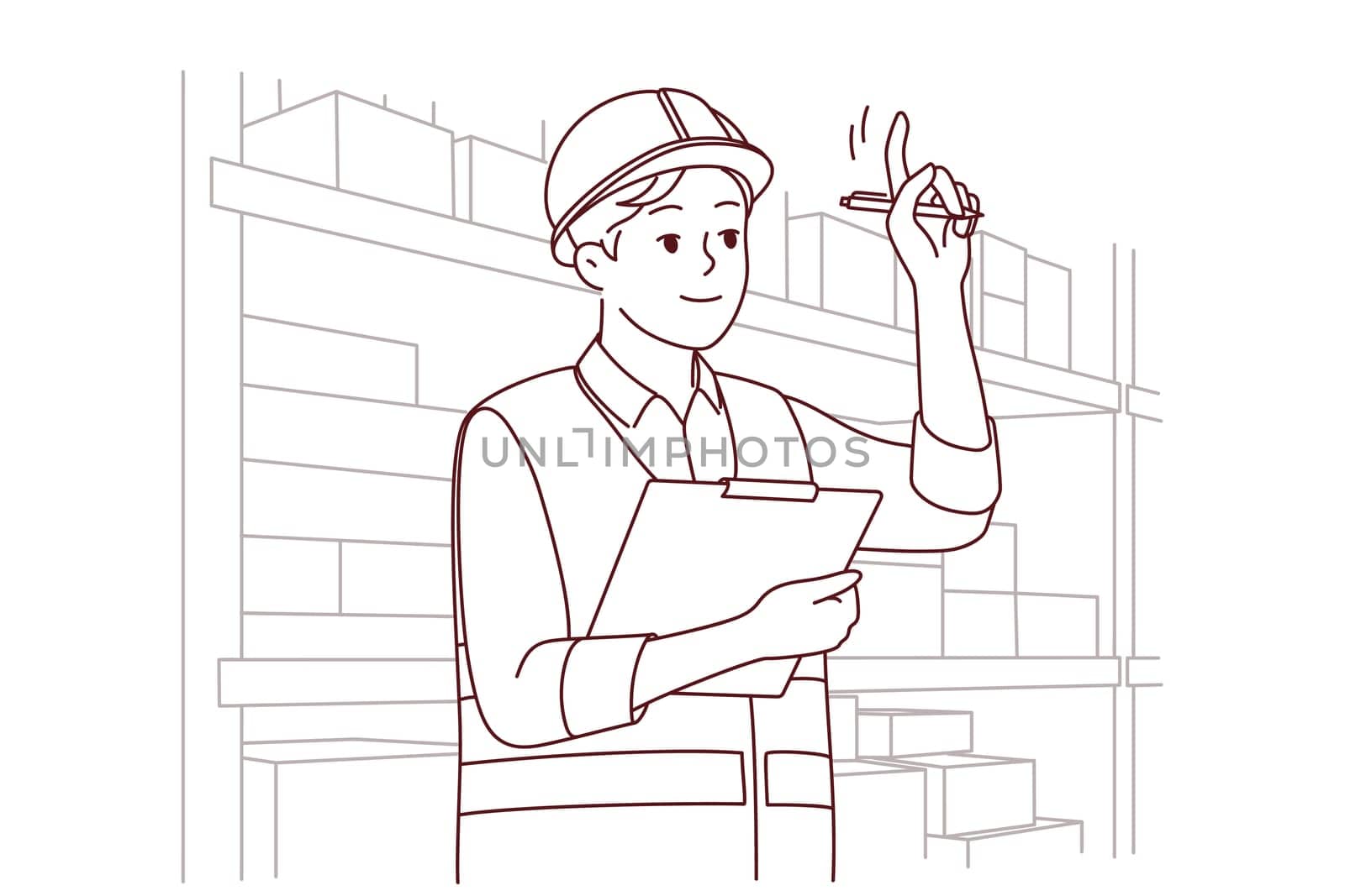Man in uniform and helmet working in warehouse. Smiling male engineer or mechanic at storehouse or depot. Occupation and profession. Vector illustration.