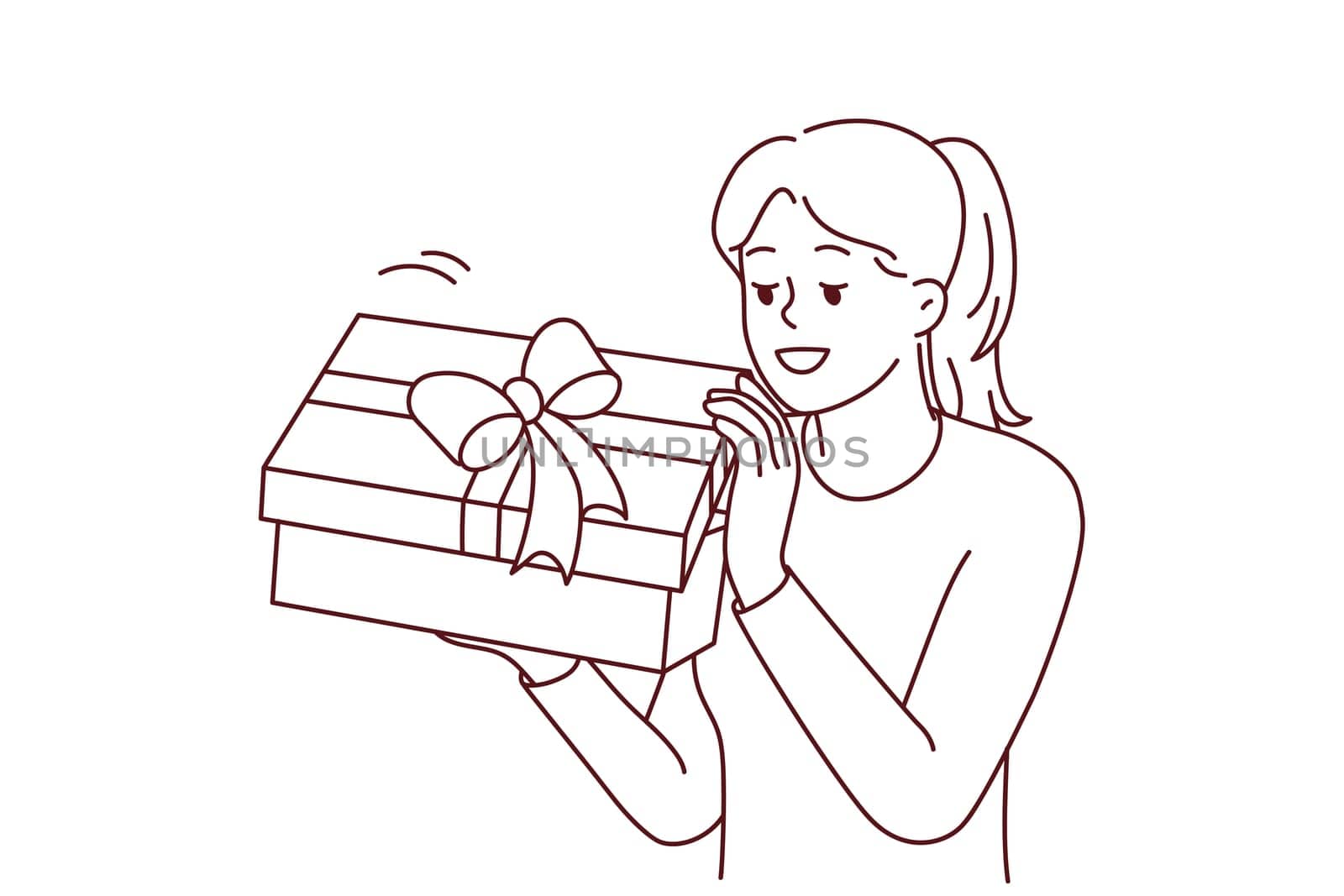 Excited young woman open wrapped present celebrating birthday. Smiling girl unpack gift box with bow. Celebration and party. Vector illustration.
