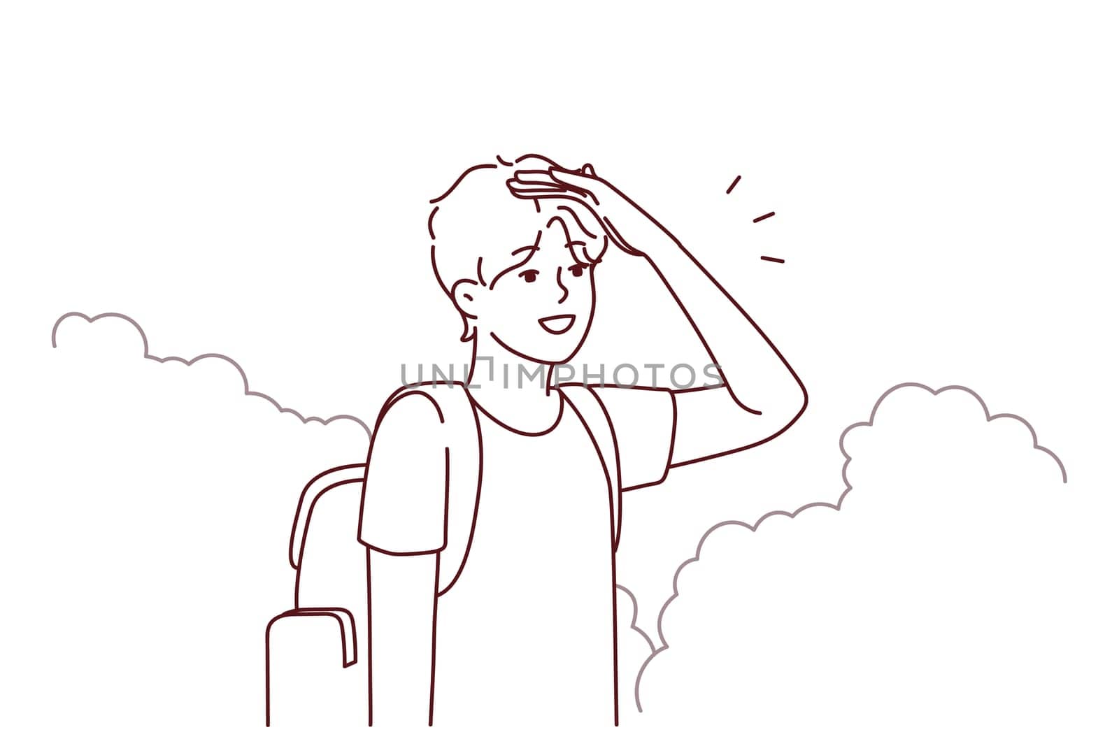 Young man with backpack stand in bushes looking for road. Millennial guy traveler get lost in park searching way out. Travel and navigation. Vector illustration.