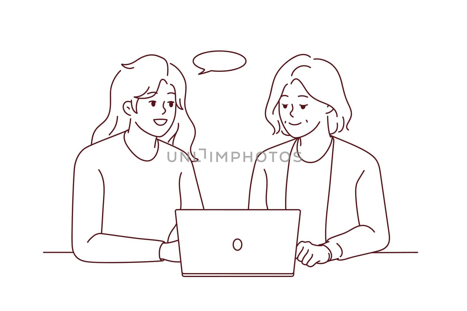 Smiling young woman help elderly female deal with modern laptop. Happy grownup daughter and mature mom use computer together. Technology and aged people. Vector illustration.