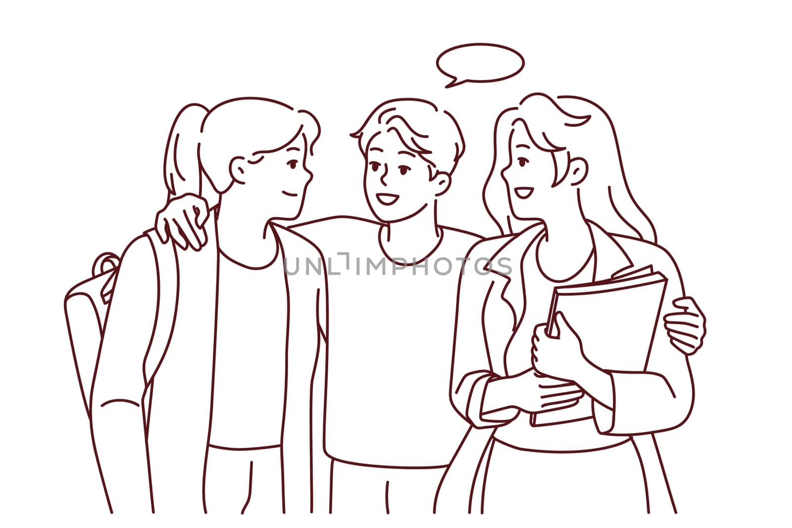 Smiling young guy flirting with female mates. Male hug talk with millennial girls in college or university. Vector illustration.