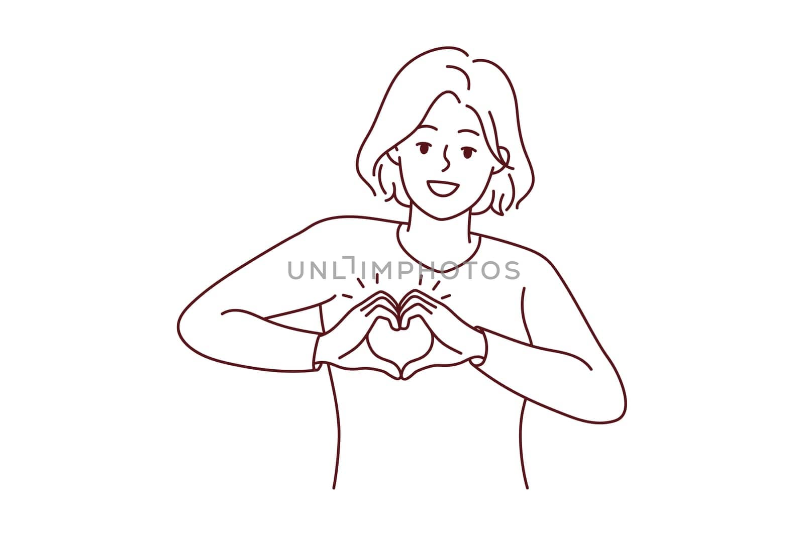 Smiling young woman show heart hand gesture at heart share care and affection. Happy girl demonstrate gratitude. Charity concept. Vector illustration.