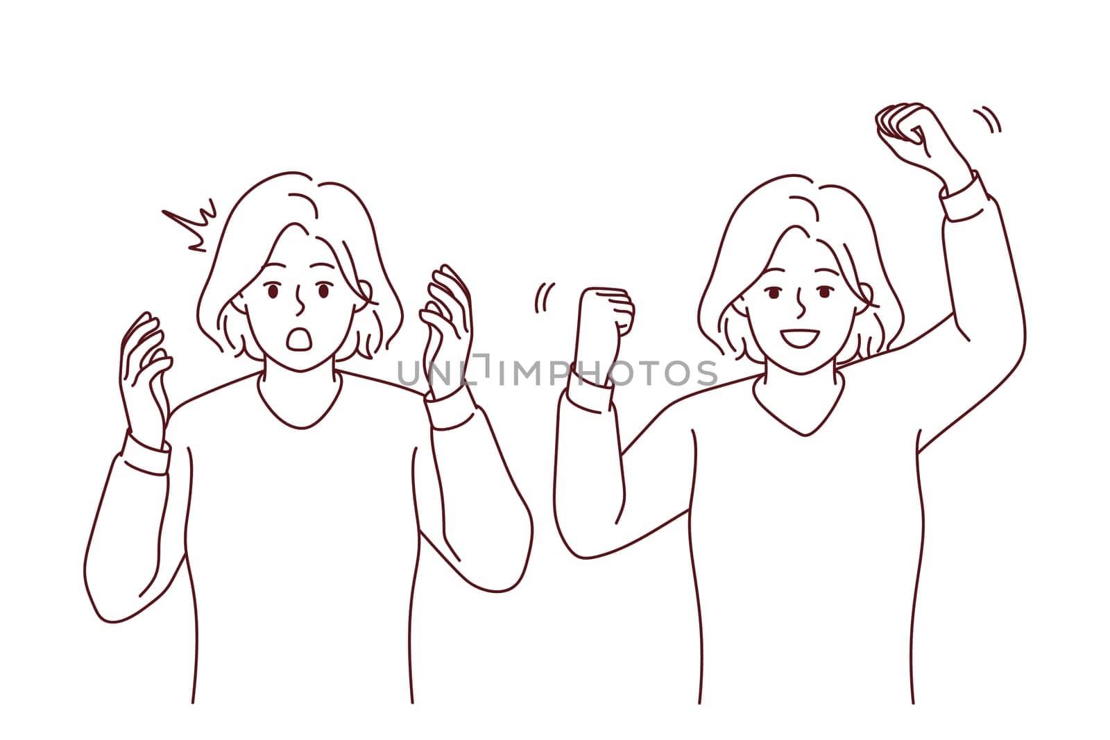 Young woman feeling unhappy and happy showing different emotions. Emotional girl feel stressed and excited. Mood swing. Vector illustration.