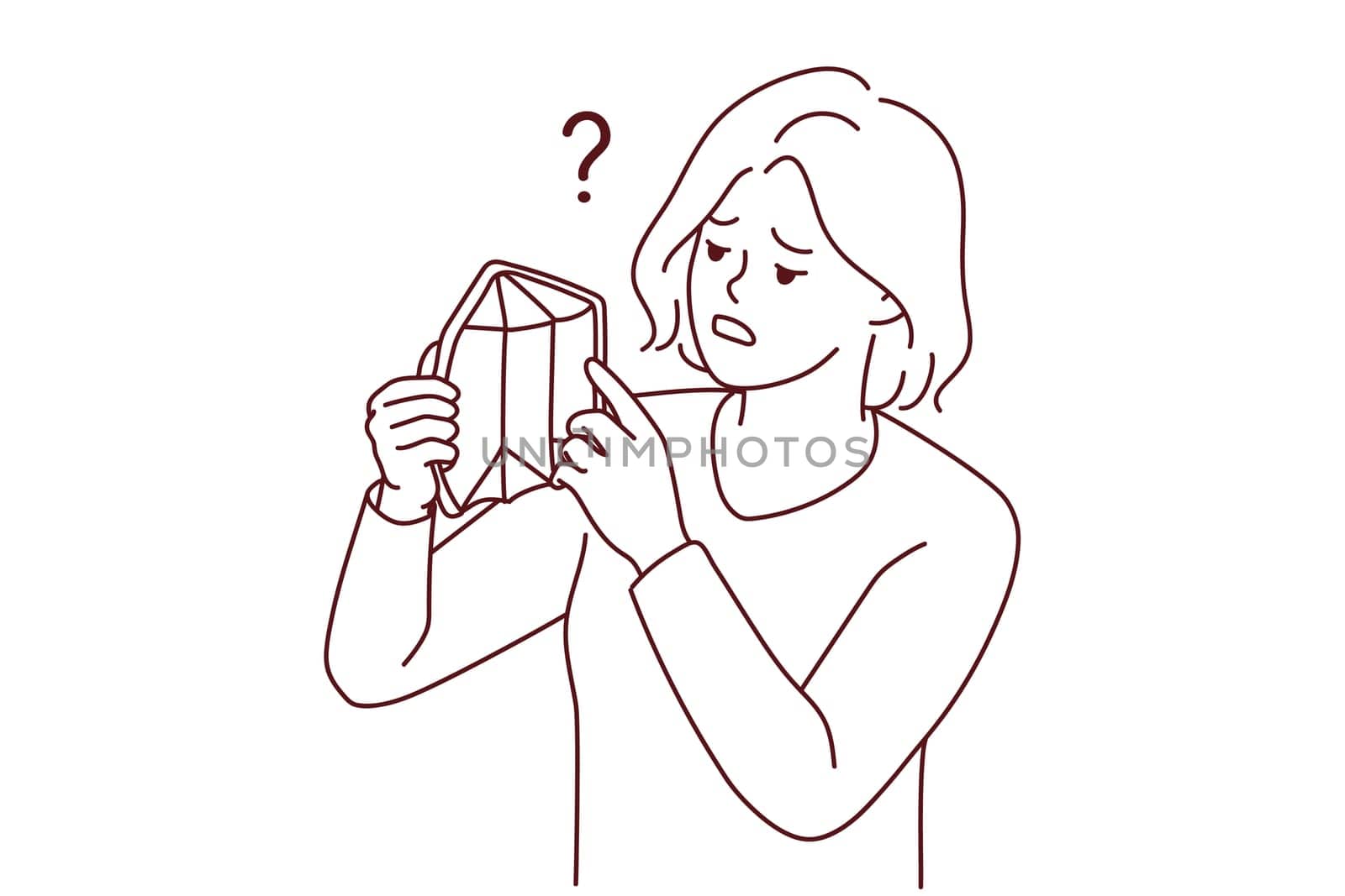 Distressed young woman with empty wallet suffer from bankruptcy. Unhappy poor girl struggle with poverty and money lack. Vector illustration.