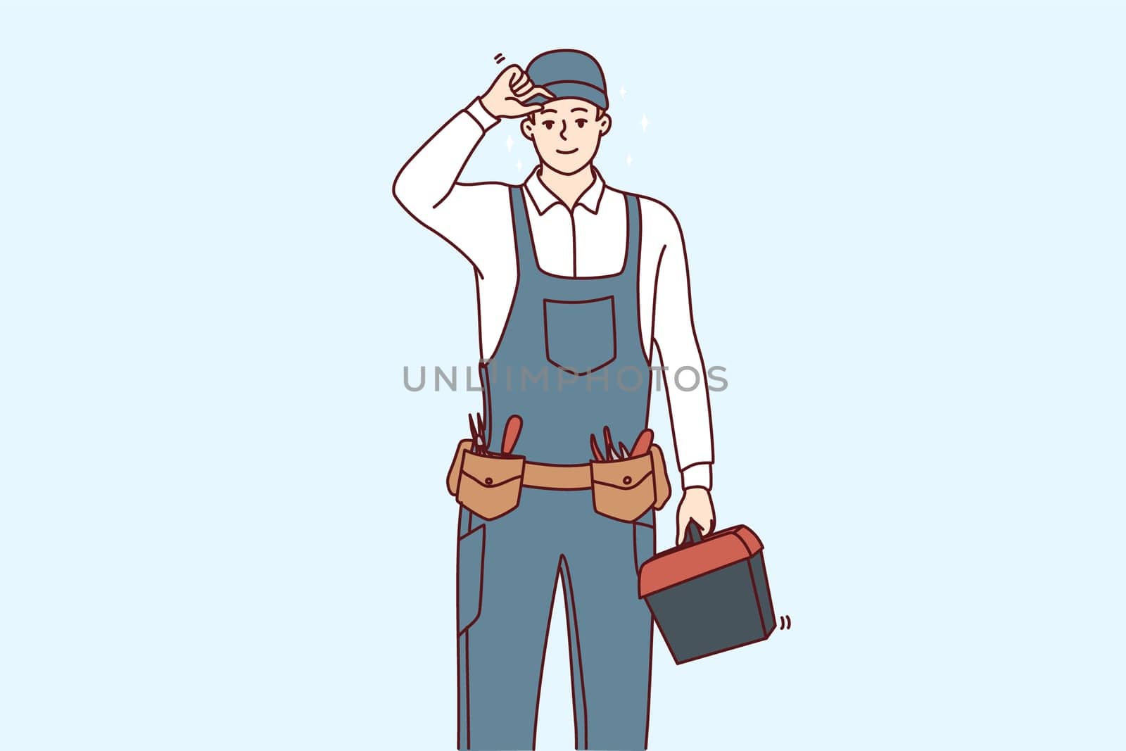 Smiling young maintenance worker in uniform with tools in hands. Happy male repairman or mechanic with box of instruments and equipment. Vector illustration.