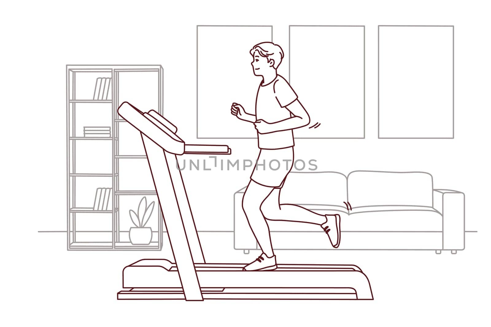 Young sportive man in sportswear running on racetrack at home. Toned motivated male do sports training indoors. Physical activity. Vector illustration.