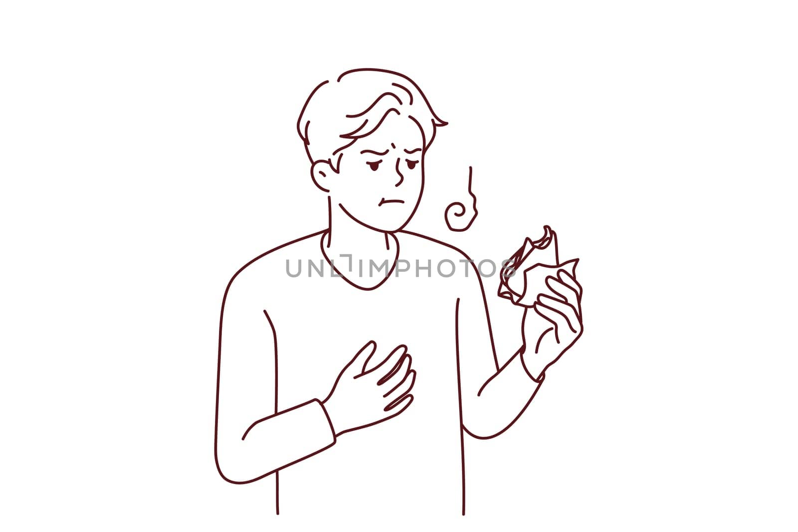 Unwell young man feel bad eating sandwich. Unhealthy guy have indigestion or food poisoning after snack. Stomachache problems. Vector illustration.