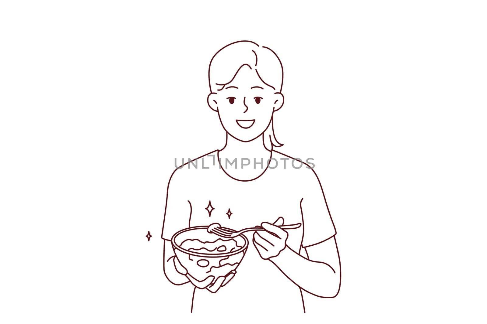 Smiling young woman eating healthy salad follow diet. Happy girl enjoy vegetable meal care about good habits. Nutrition and vegetarian lifestyle. Vector illustration.
