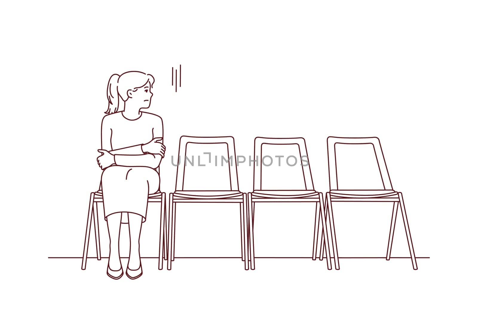 Anxious young woman sit on chair in corridor waiting or appointment. Stressed female feel worried wait in line in hallway. Vector illustration.