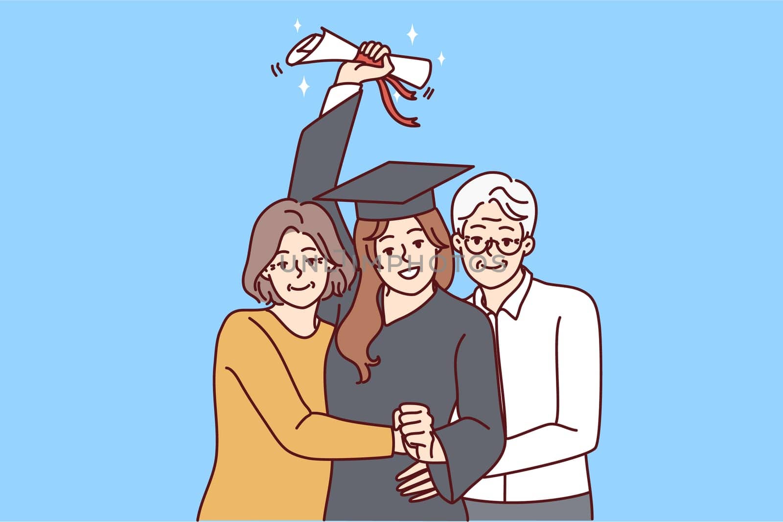 Happy elderly parents hug excited daughter in graduation mantle holding diploma. Smiling mature mom and dad embrace happy girl graduate from university. Vector illustration.