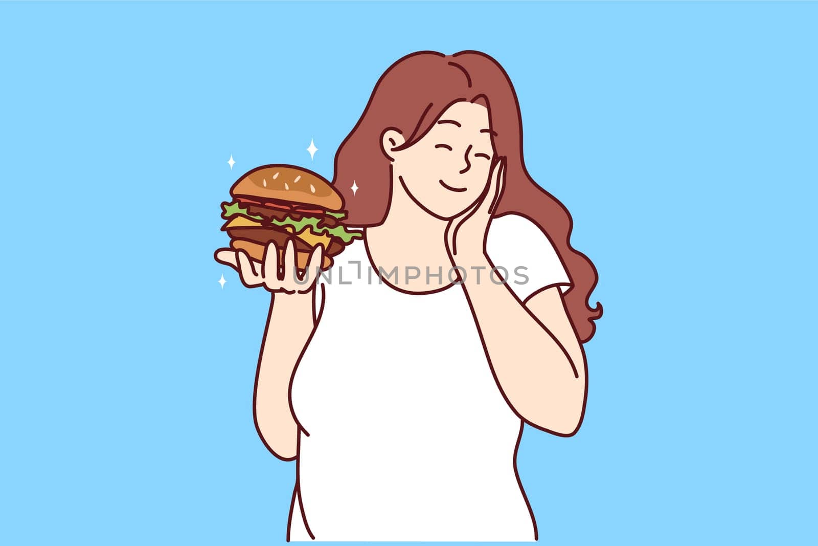 Happy overweight woman holding burger excited about fast food. Smiling fat girl eating fatty unhealthy hamburger. Diet and nutrition. Vector illustration.