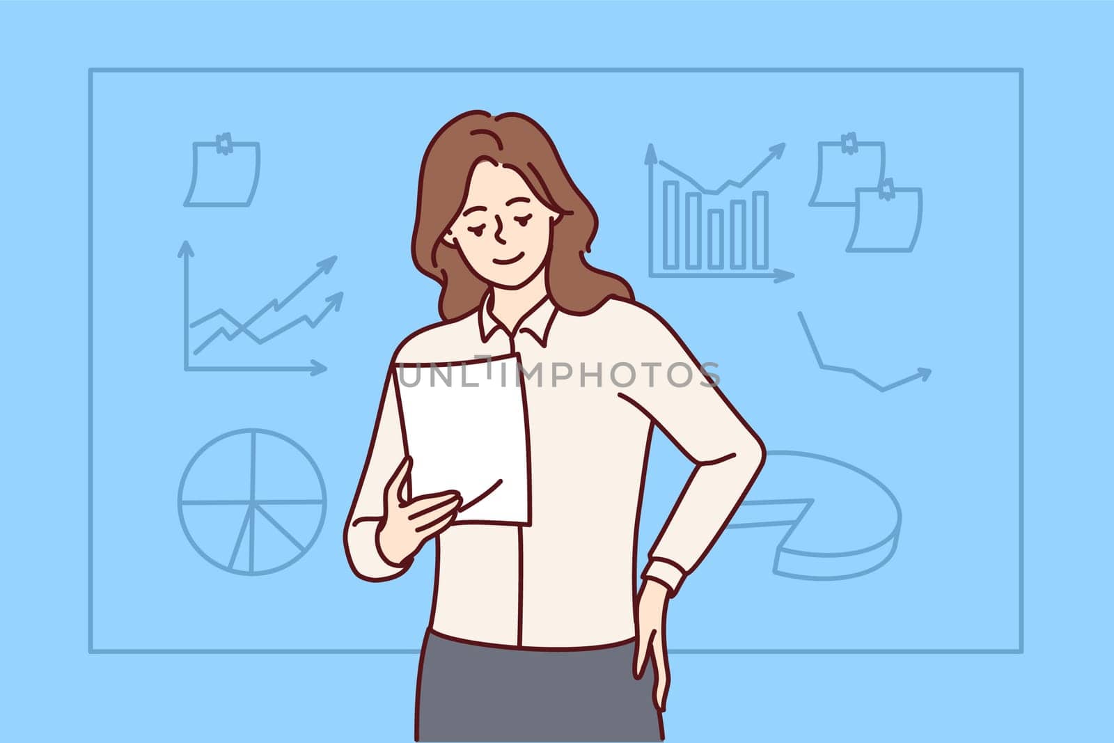 Businesswoman hold document make business presentation near board in office. Smiling female speaker with paperwork present near whiteboard. Vector illustration.