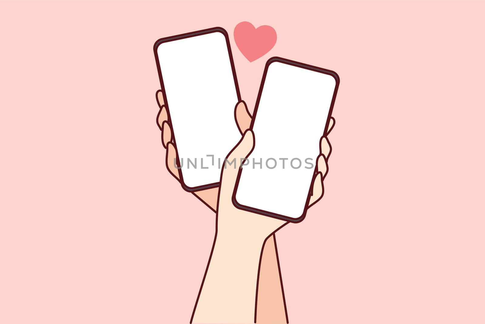 Close-up of couple hands holding cellphones with mockup screens texting online on gadgets. Man and woman with smartphones and internet communication. Vector illustration.