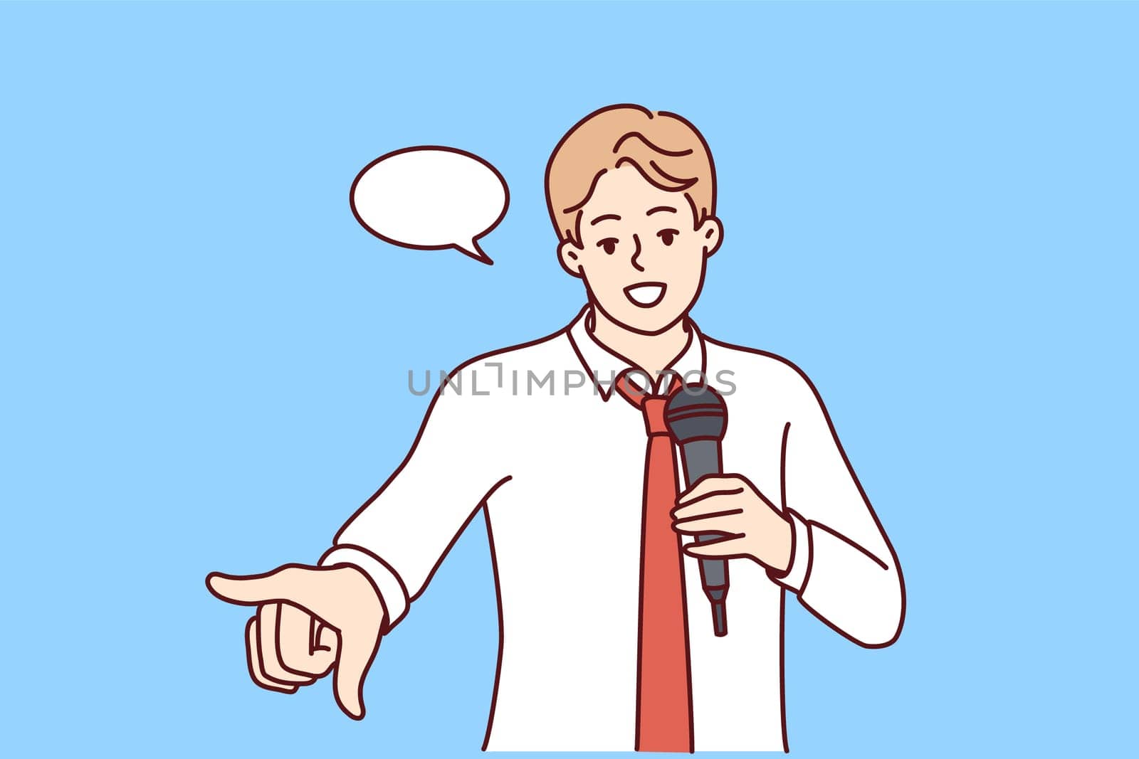 Young confident man with microphone make speech in front of audience. Smiling male speaker or coach with mic talk or make presentation. Vector illustration.