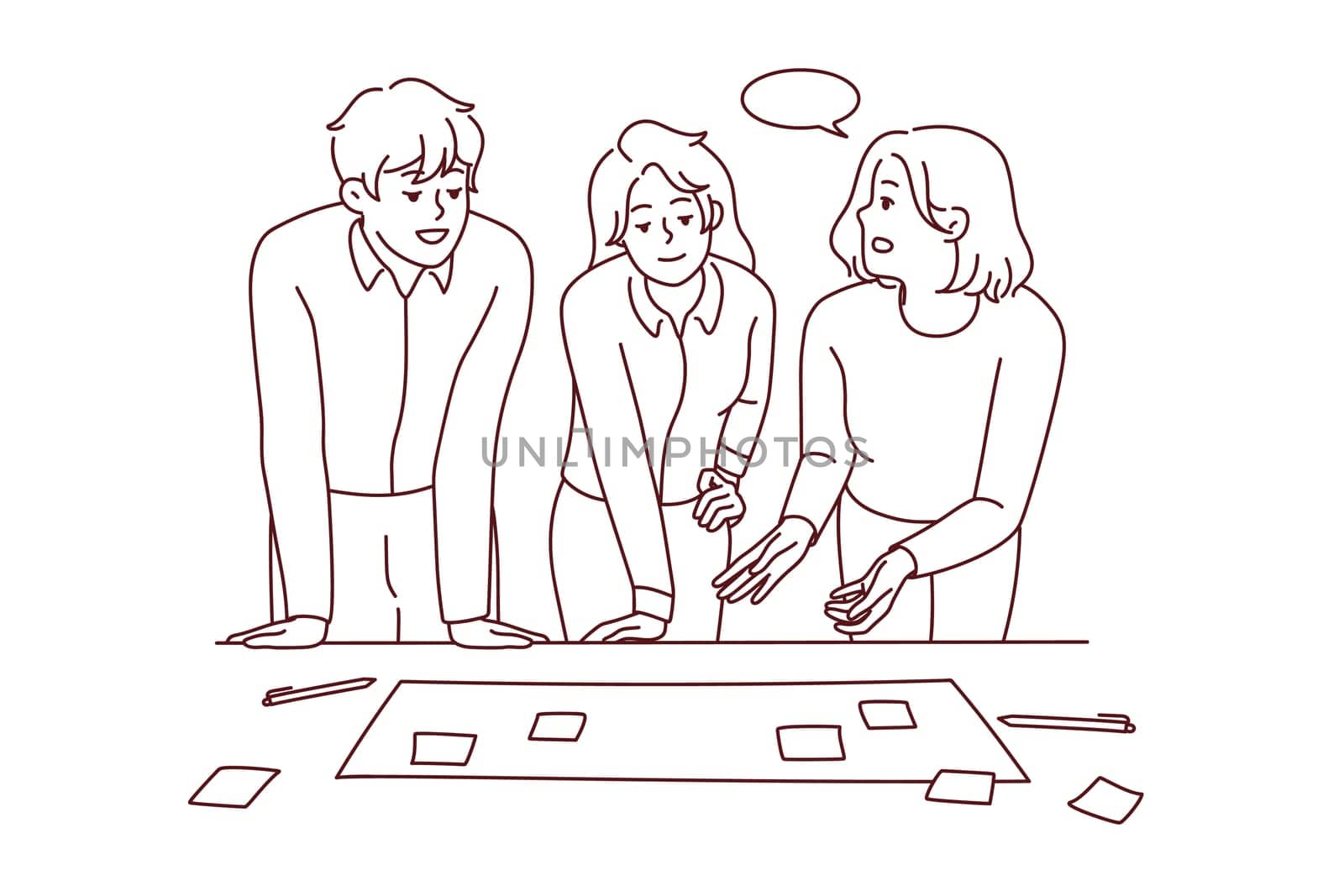 Businesspeople brainstorm at office meeting discuss business ideas with sticky notes together. Smiling employees or colleagues engaged in teamwork activity. Vector illustration.
