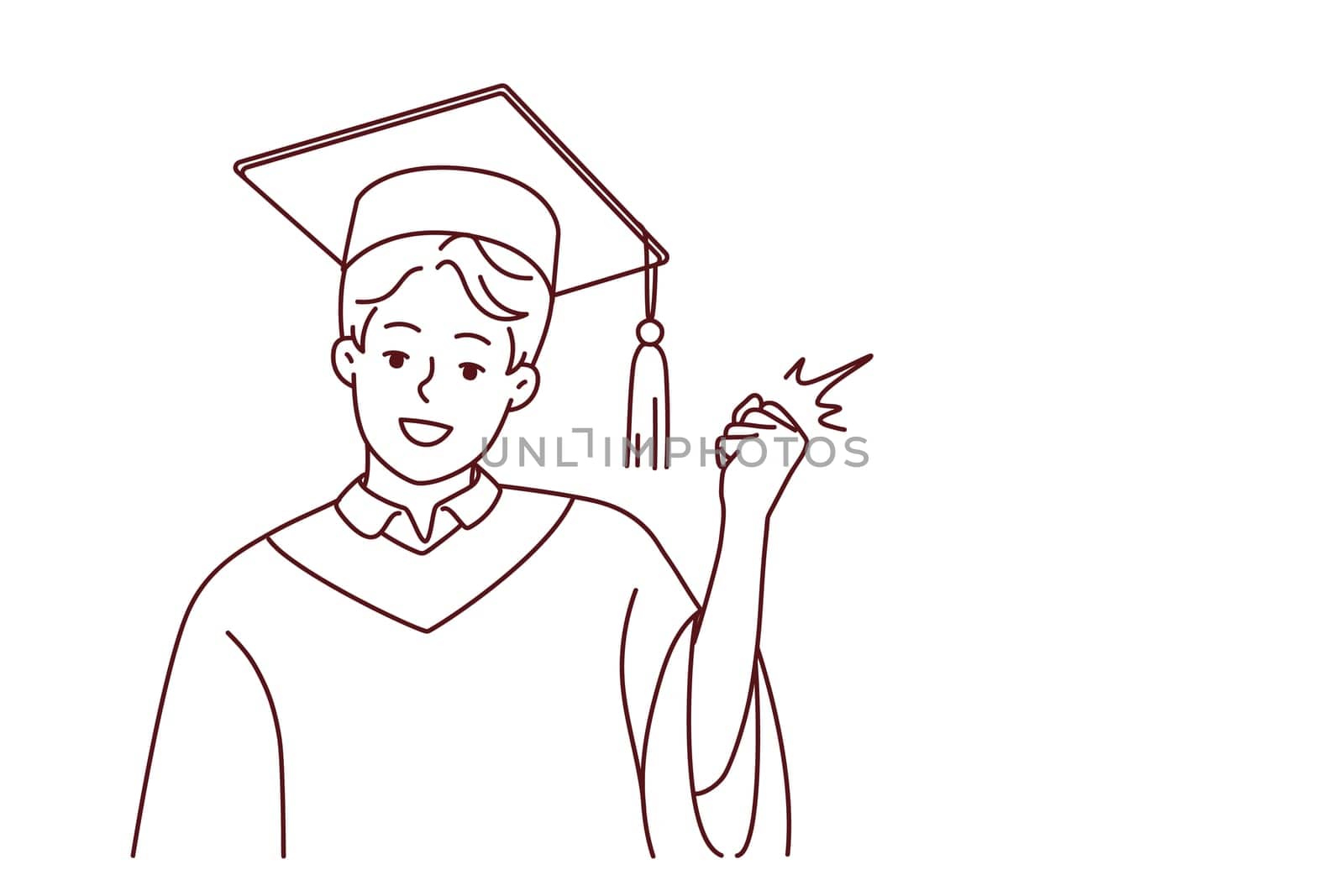 Portrait of smiling male student in mantle and hat make yes hand gesture for successful university graduation. Happy guy graduate in robe. Education. Vector illustration.