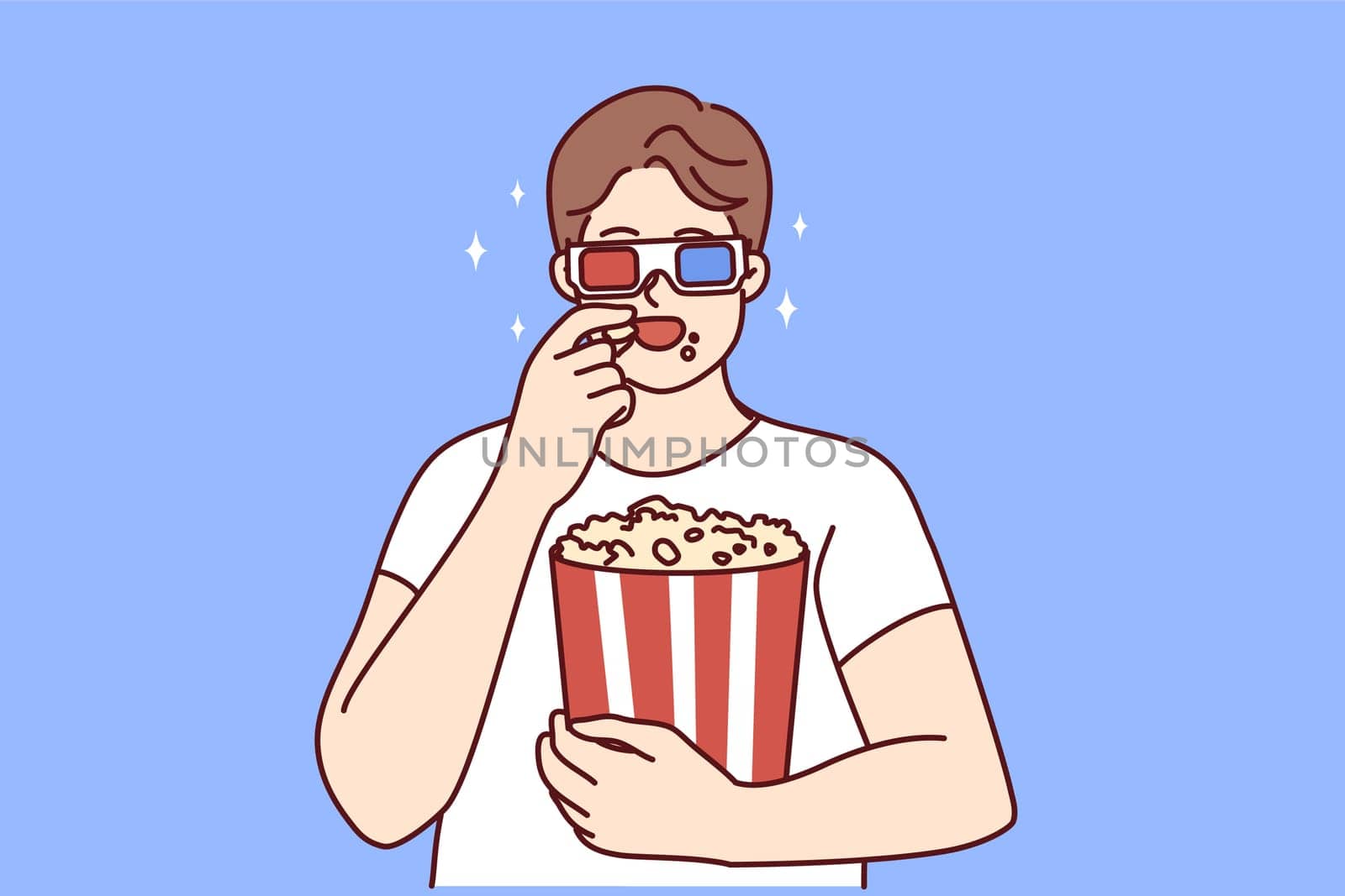 Happy young man in 3D glasses eating popcorn watching movie in cinema. Smiling male have snack enjoy film in theater on weekend. Entertainment. Vector illustration.