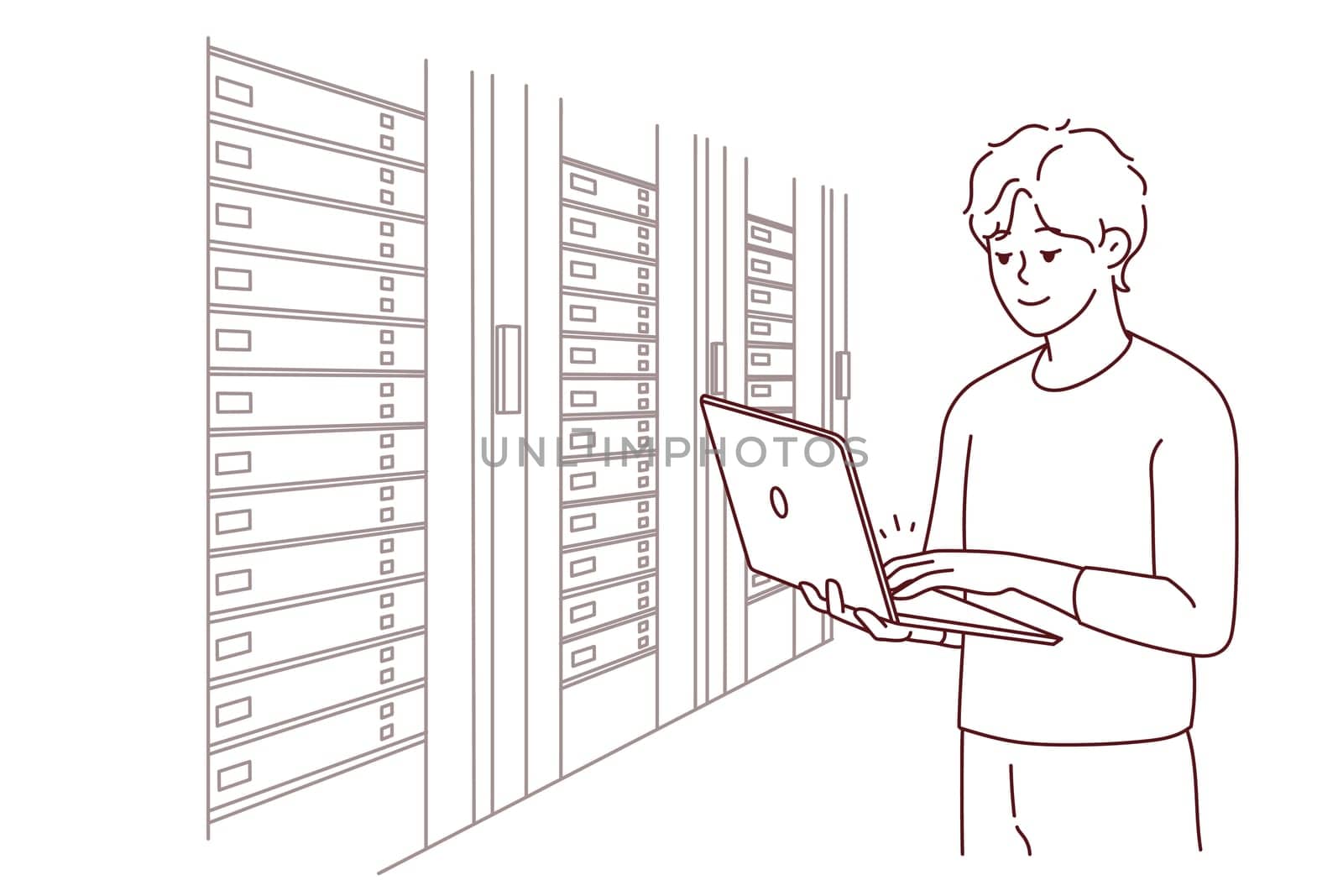 Male engineer with laptop standing near server room with computers. Man IT specialist working in data center near server racks. Vector illustration.