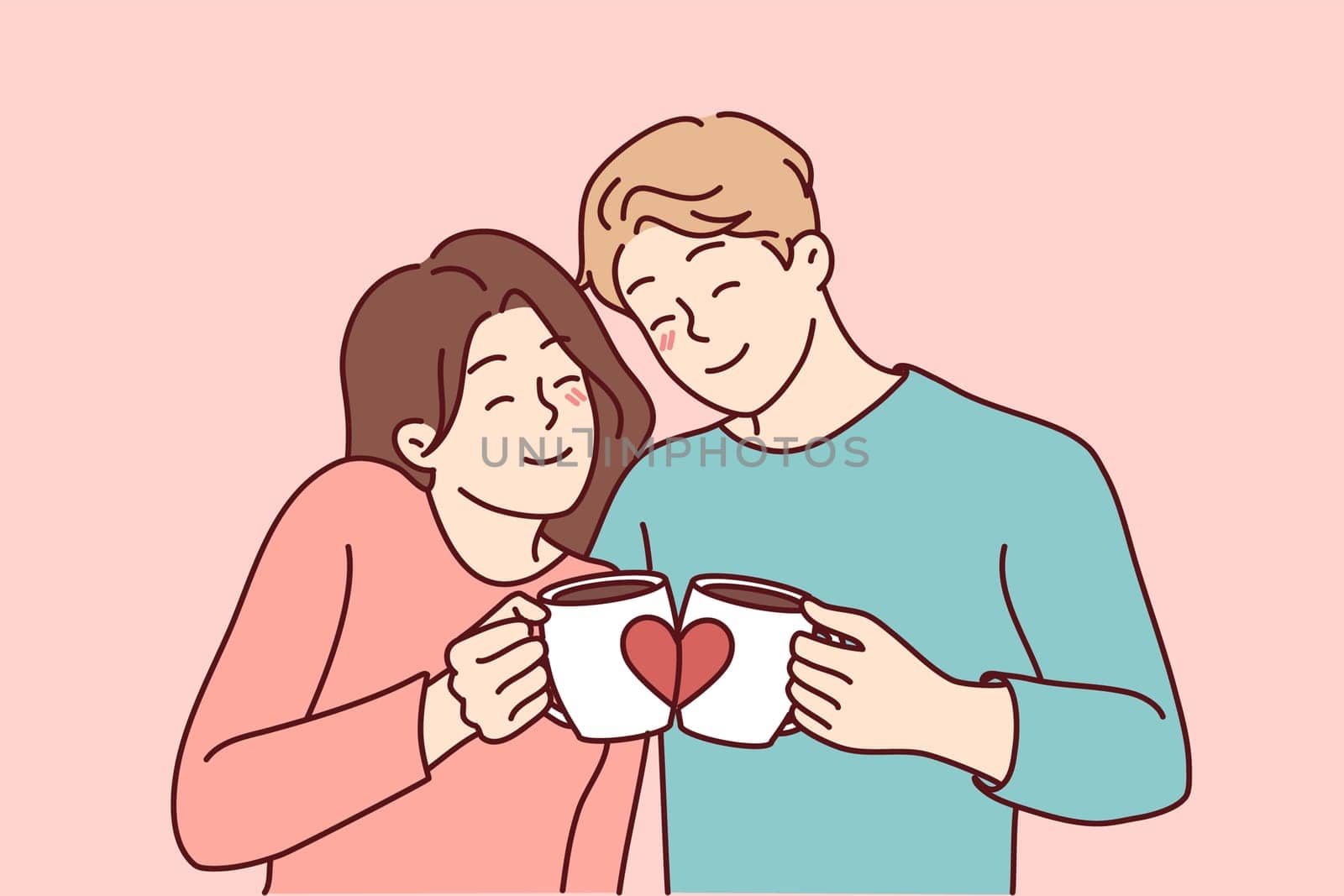 Happy couple hugging drinking coffee from lovers mugs. Smiling man and woman embrace enjoy morning tea from cute cups. Vector illustration.
