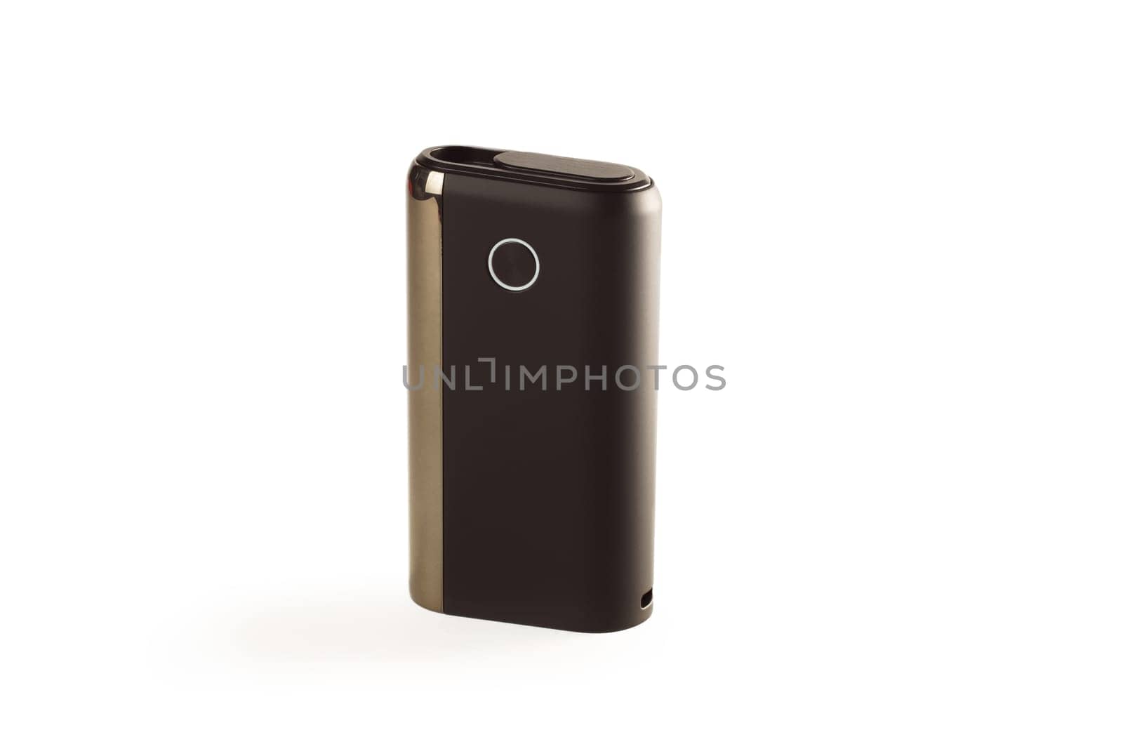Black new GLO heating smoking device, isolated on white background. Modern electronic cigarettes