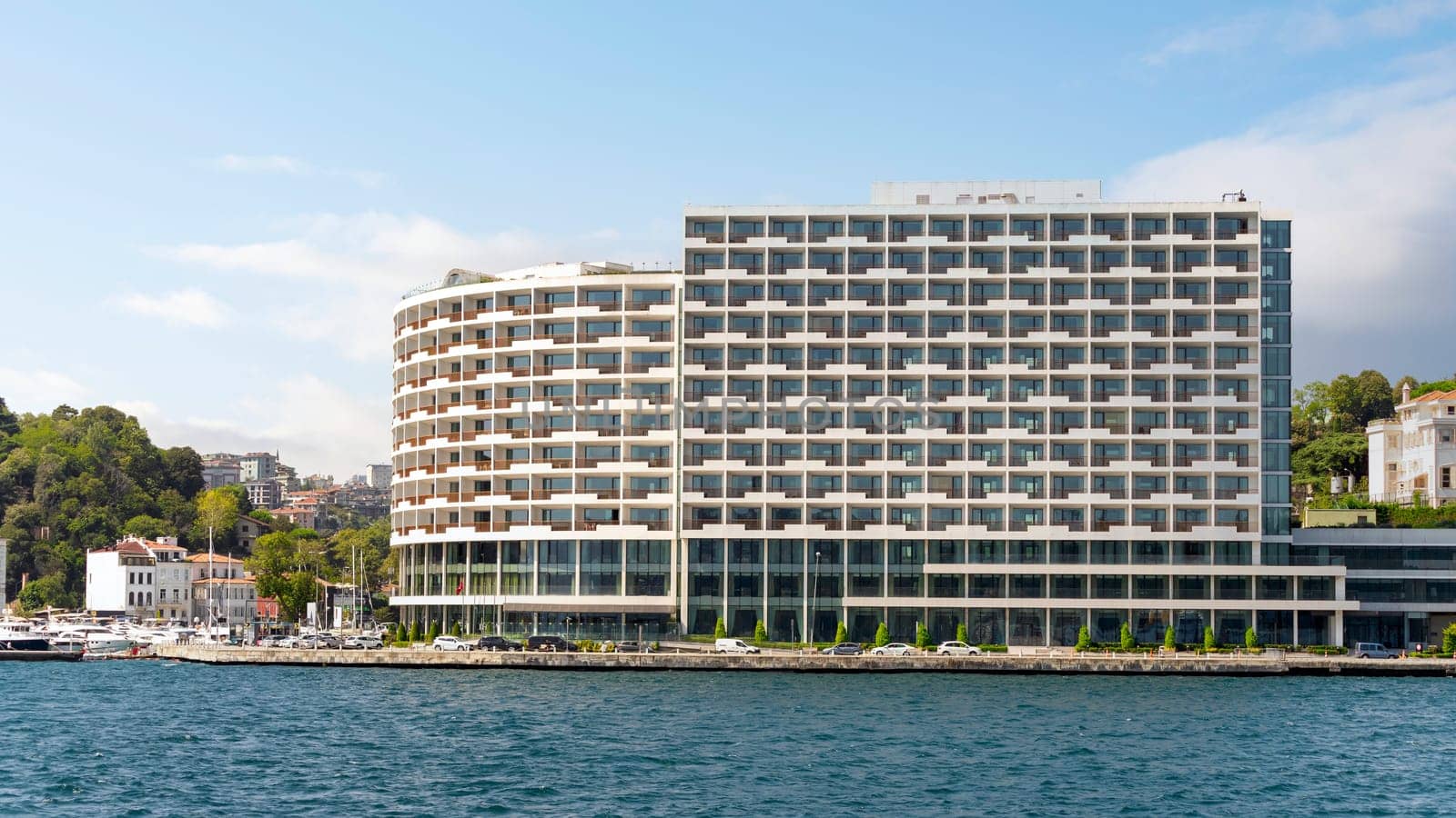 Exterior of modern architectural design building of Grand Tarabya five stars hotel, suited by Bosphorus Strait, at Sariyer district, in a summer day, Istanbul, Turkey