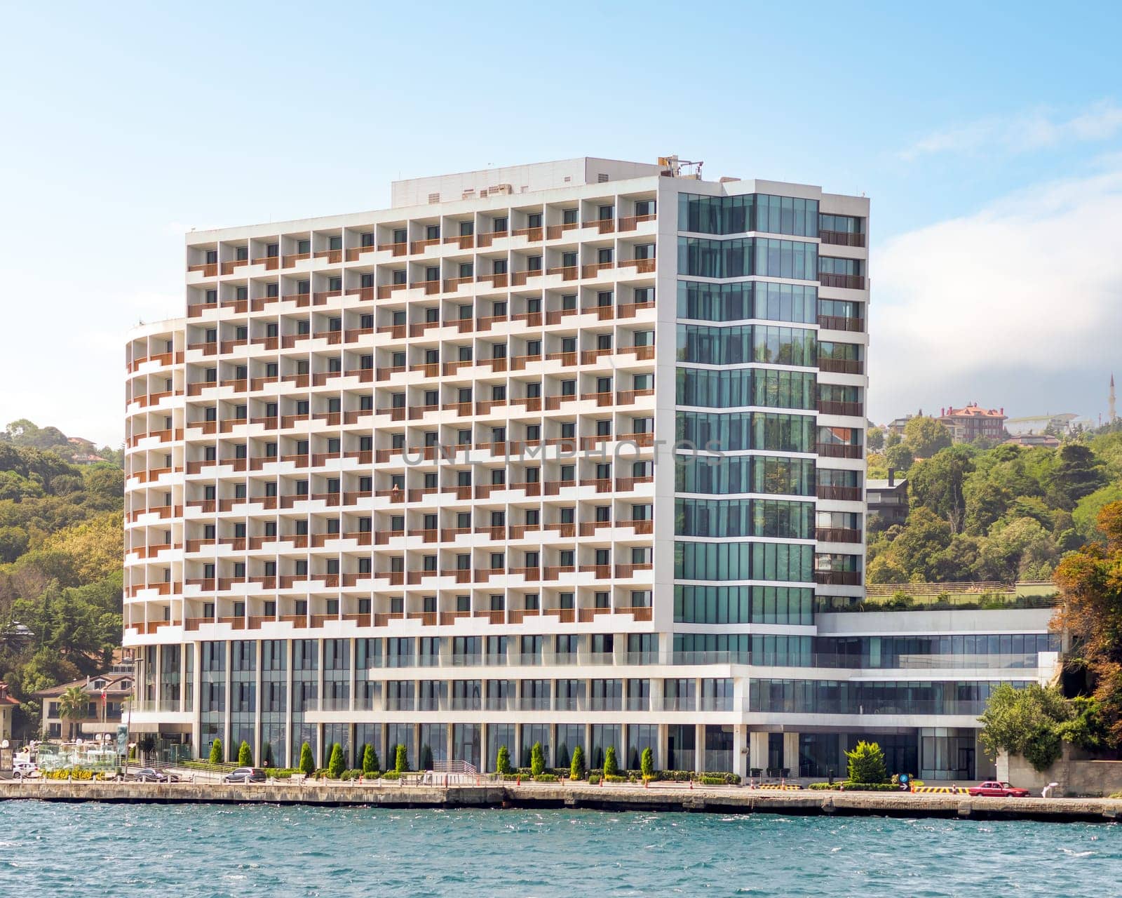 Exterior of modern architectural design building of Grand Tarabya five stars hotel, suited by Bosphorus Strait, at Sariyer district, in a summer day, Istanbul, Turkey