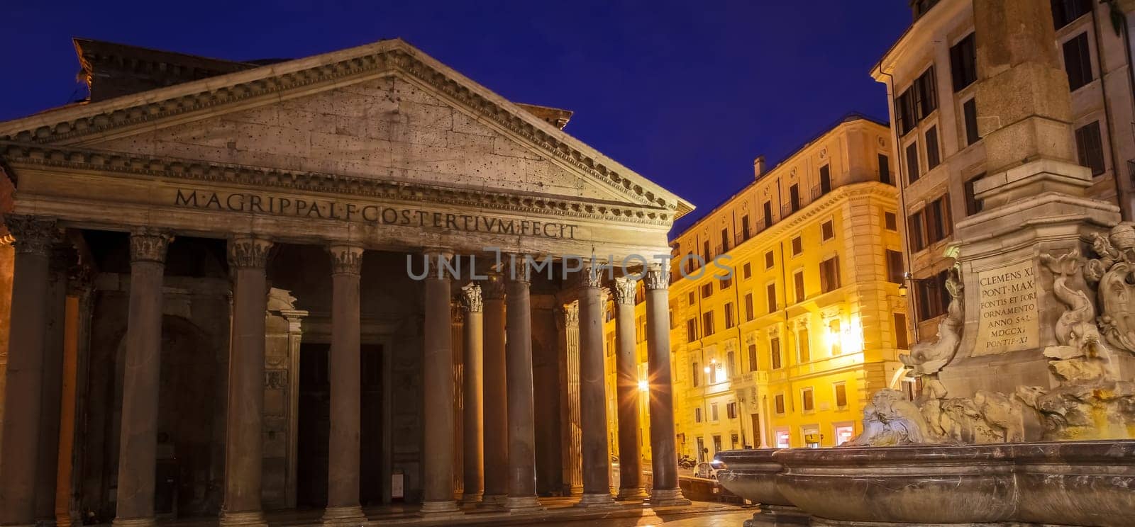 ROME, ITALY - CIRCA AUGUST 2020: illuminated Pantheon by night. One of the most famous historic landmark in Italy.