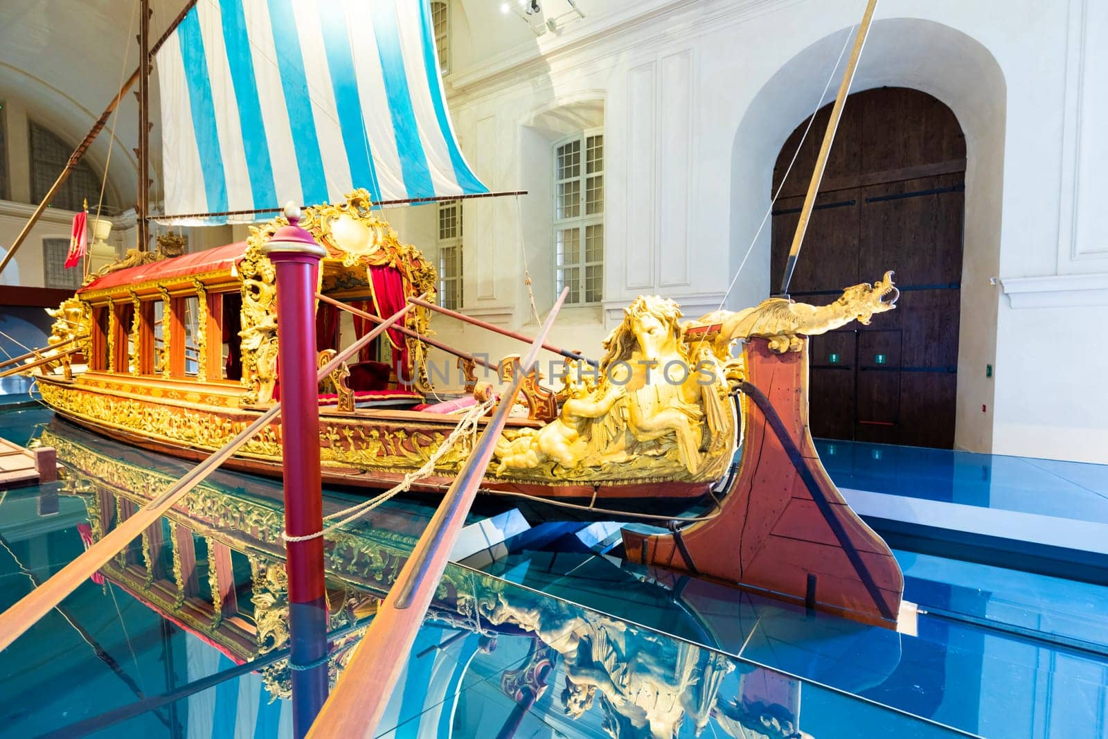 VENARIA REALE, ITALY - CIRCA MAY 2021: the Bucentaur (Bucintoro, 1729). Antique Royal ship of Savoia family.