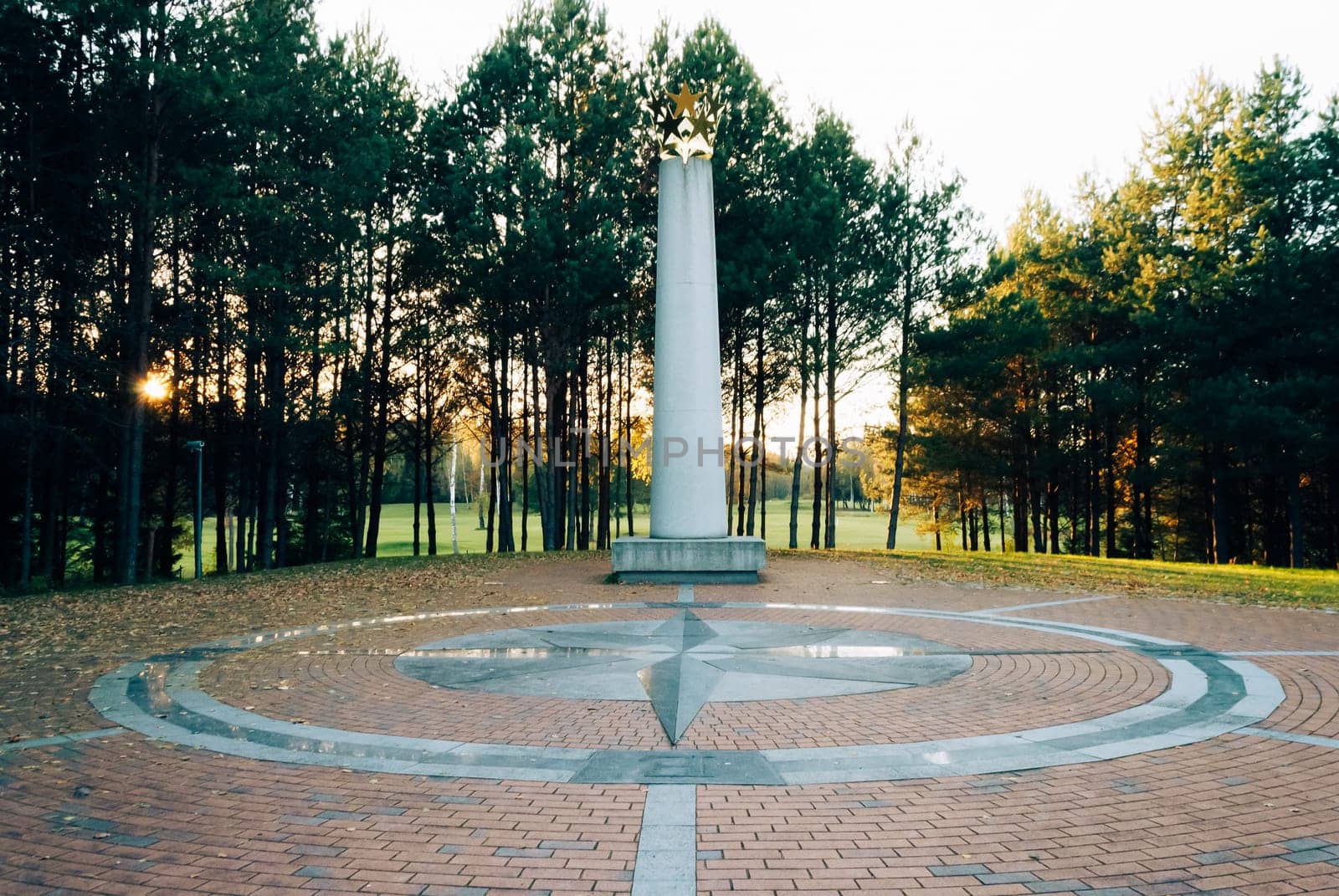 Purnushkes, Lithuania - 2021.10.09: Obelisk by sculptor Gediminas Jokubonis on the site of the geographical center of Europe.