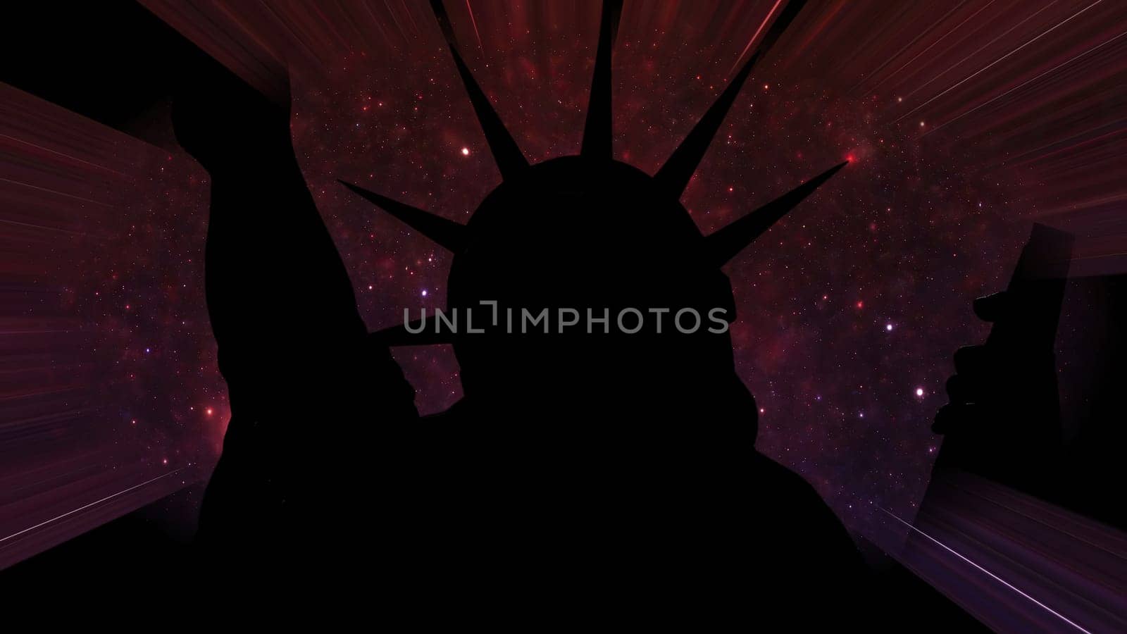 Statue of liberty against Stars in the night with light rays,Statue of liberty against Stars in the night with light rays
