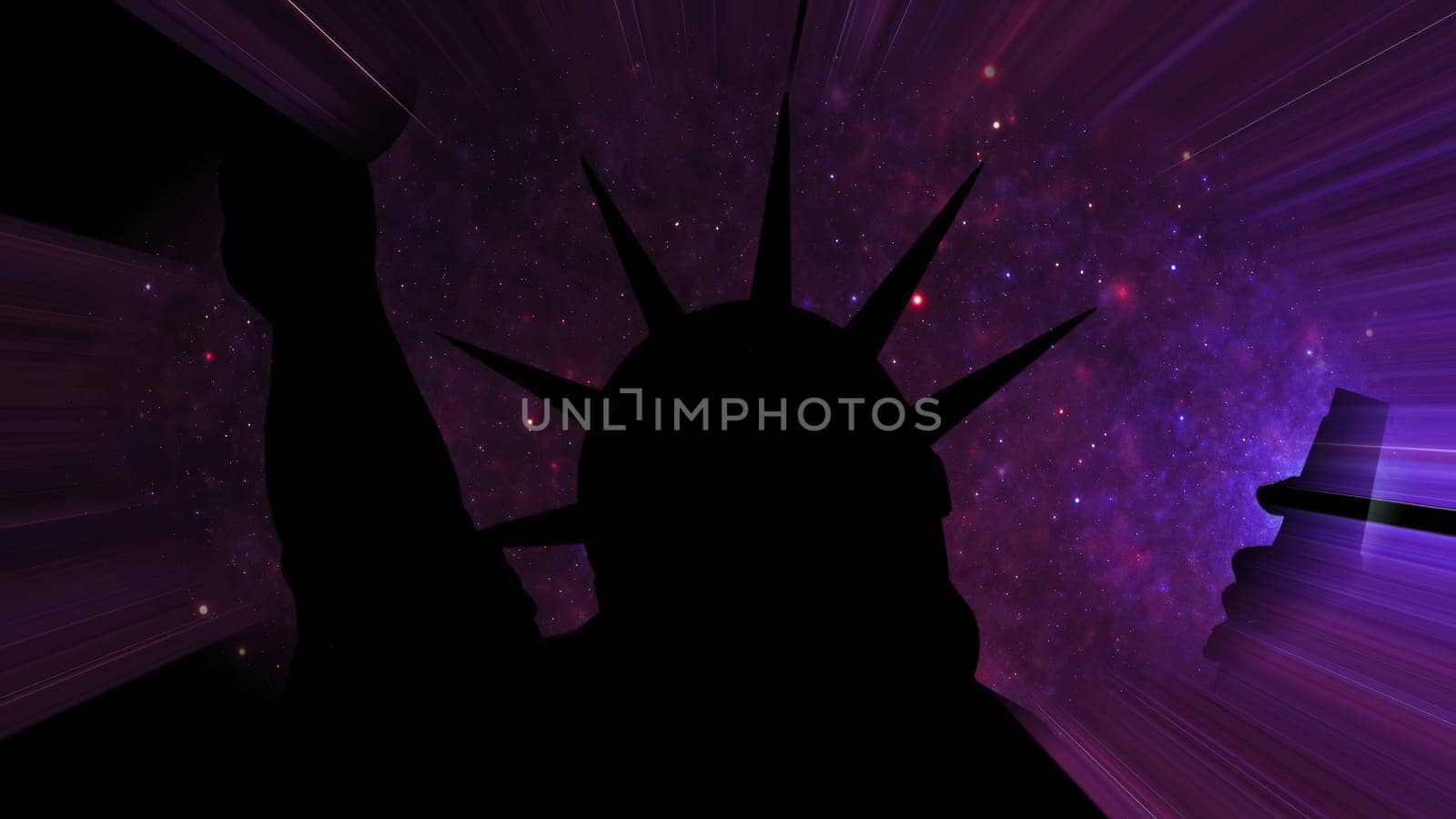 Statue of liberty against Stars in the night with light rays,Statue of liberty against Stars in the night with light rays