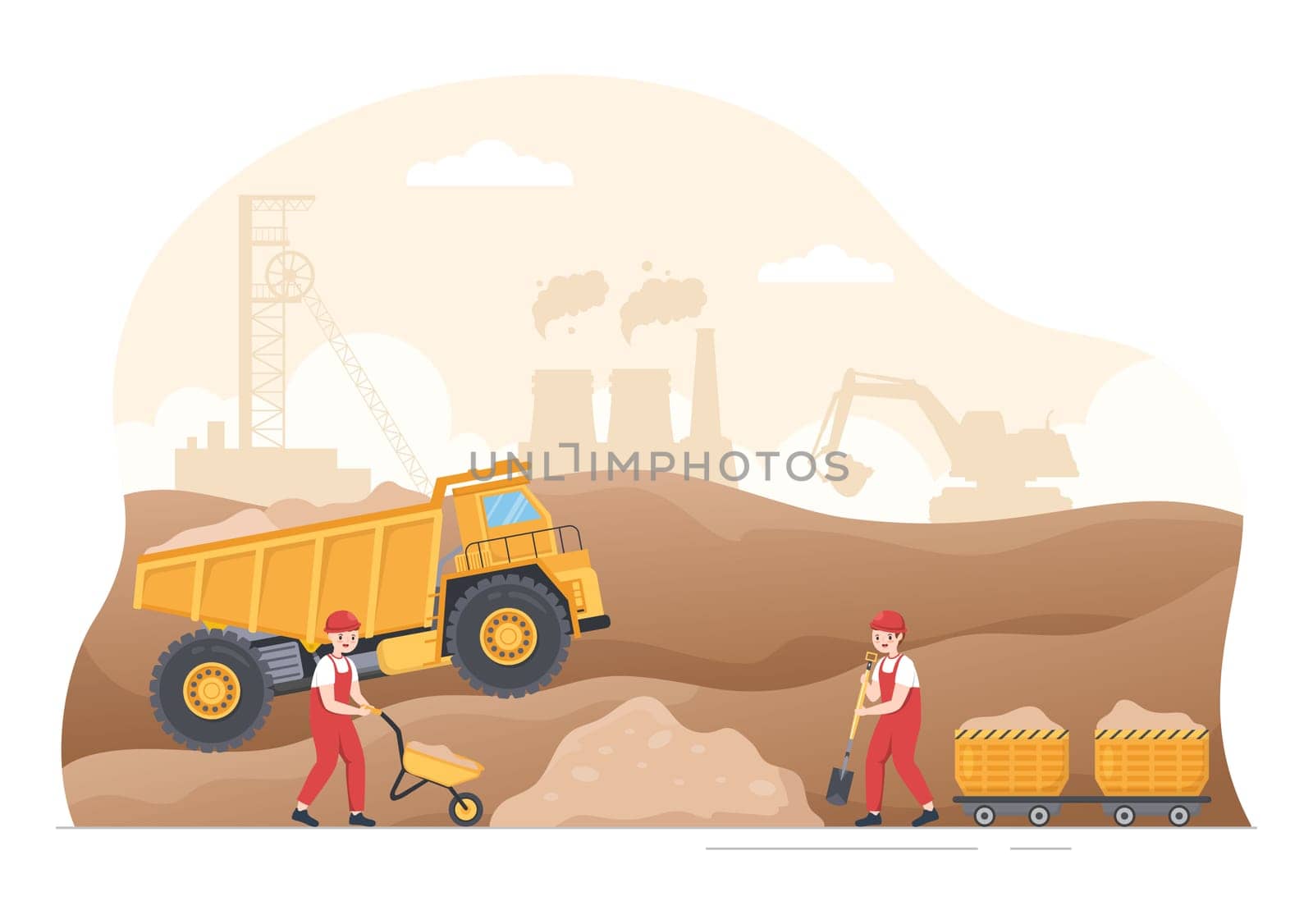 Mining Company with Heavy Yellow Dumper Trucks for Coal Mine Industrial Process or Transportation in Flat Cartoon Hand Drawn Templates Illustration