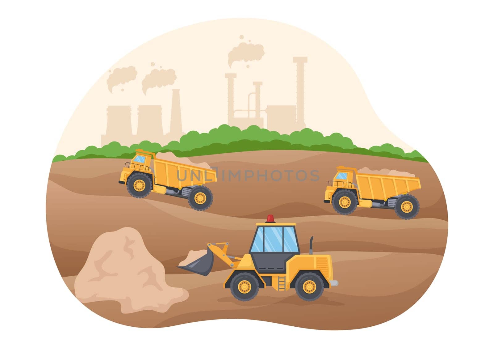 Mining Company with Heavy Yellow Dumper Trucks for Coal Mine Industrial Process or Transportation in Flat Cartoon Hand Drawn Templates Illustration