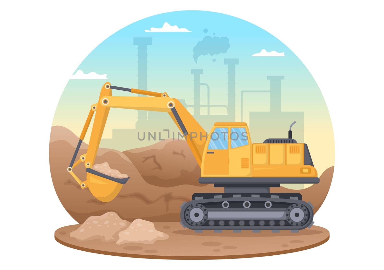 Mining Company with Heavy Yellow Dumper Trucks for Coal Mine Industrial Process or Transportation in Flat Cartoon Hand Drawn Templates Illustration
