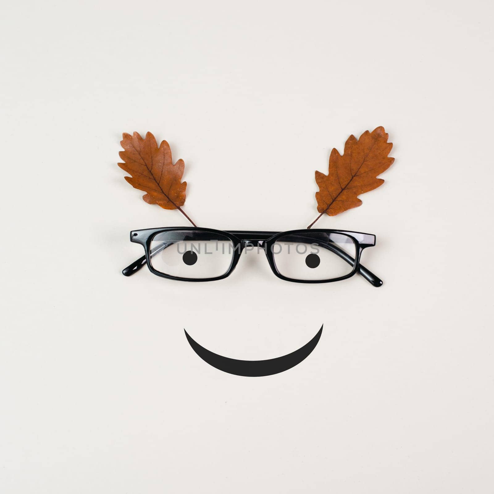Head with a smiling face, eyeglasses and foliage, mental health concept, positive mindset, support and evaluation symbol
