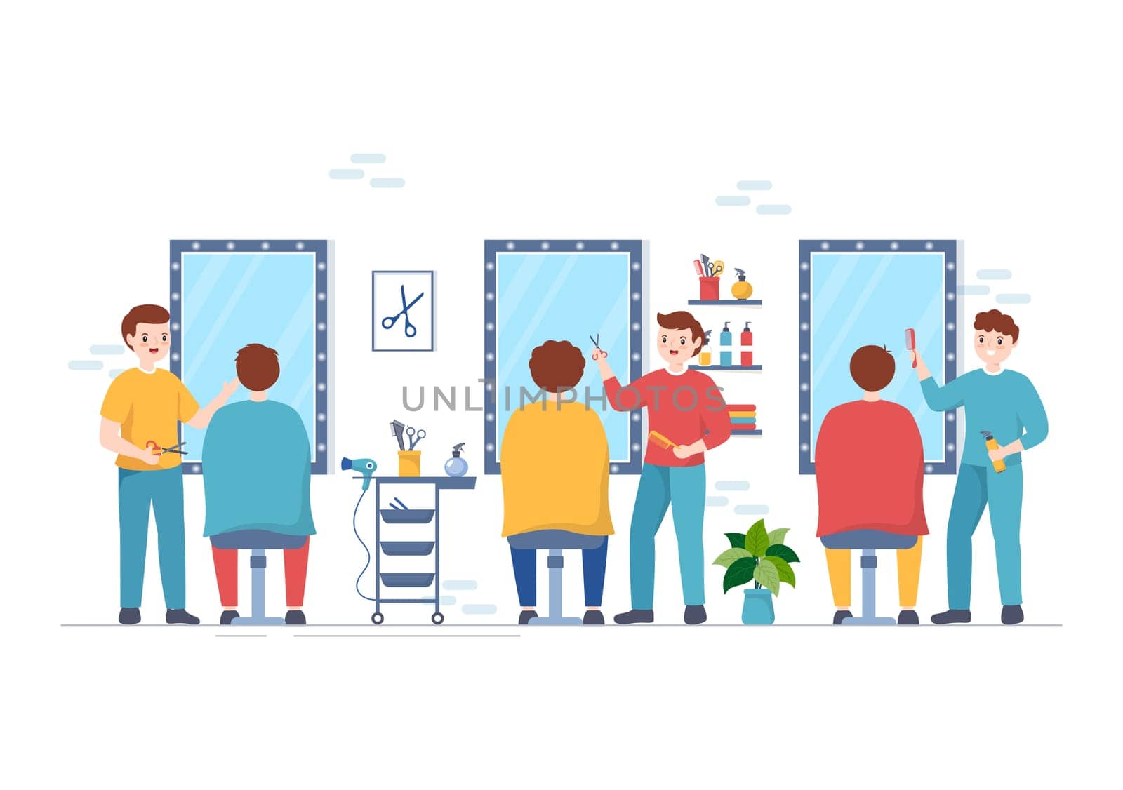 Barber Shop for Male or Female Clients Haircut with Mirrors, Desk and Hair Cutting Equipment in Flat Cartoon Hand Drawn Templates Illustration