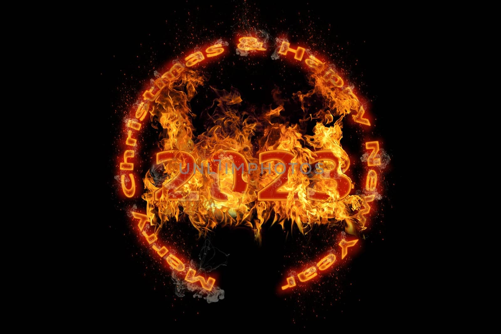 3D illustration New Year concept 2023 design with text fire design on the fire was burning.