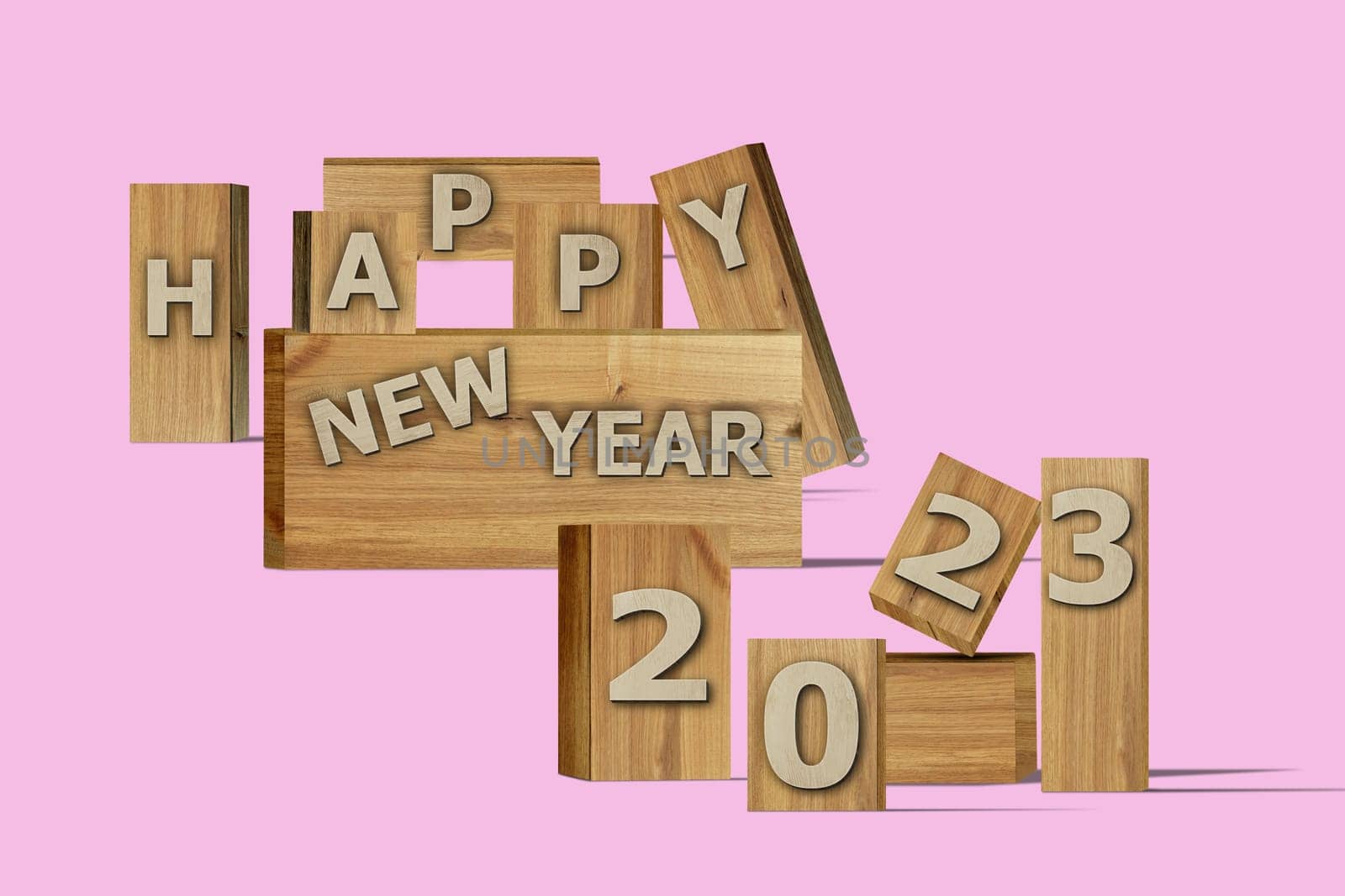 3D illustration New Year concept 2023 design with text on the wooden box on a pirouette color background.
