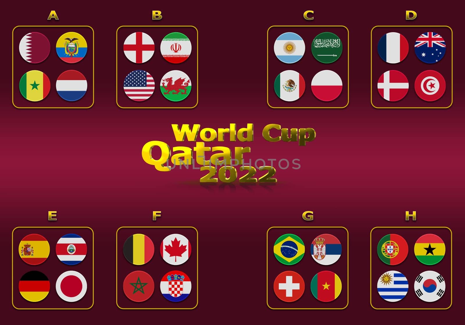 3d illustration groups of World Cup Qatar 2022 championship. All 32 qualifying countries. On the background of the flag of Qatar.