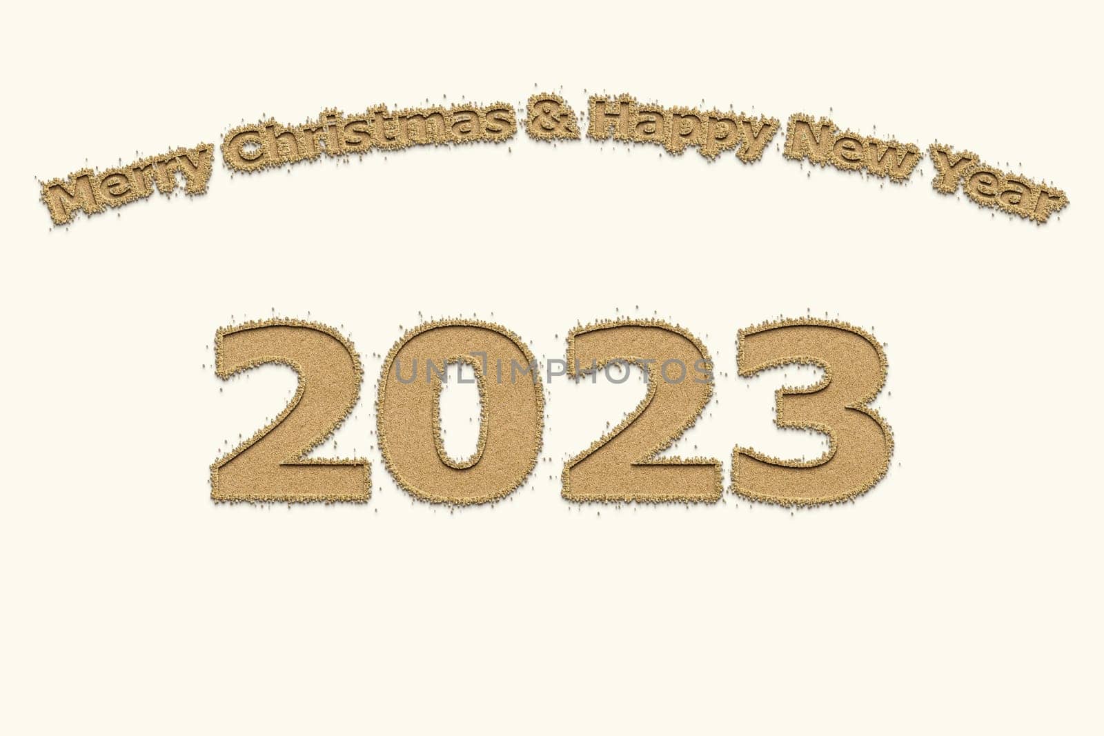 3D illustration New Year concept 2023 design with text sand design on a baby's breath color background.