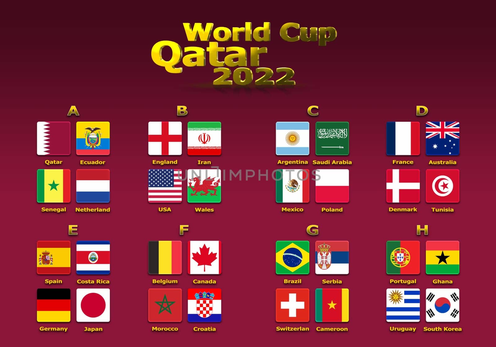 3d illustration groups of World Cup Qatar 2022 championship. All 32 qualifying countries. On the background of the flag of Qatar.