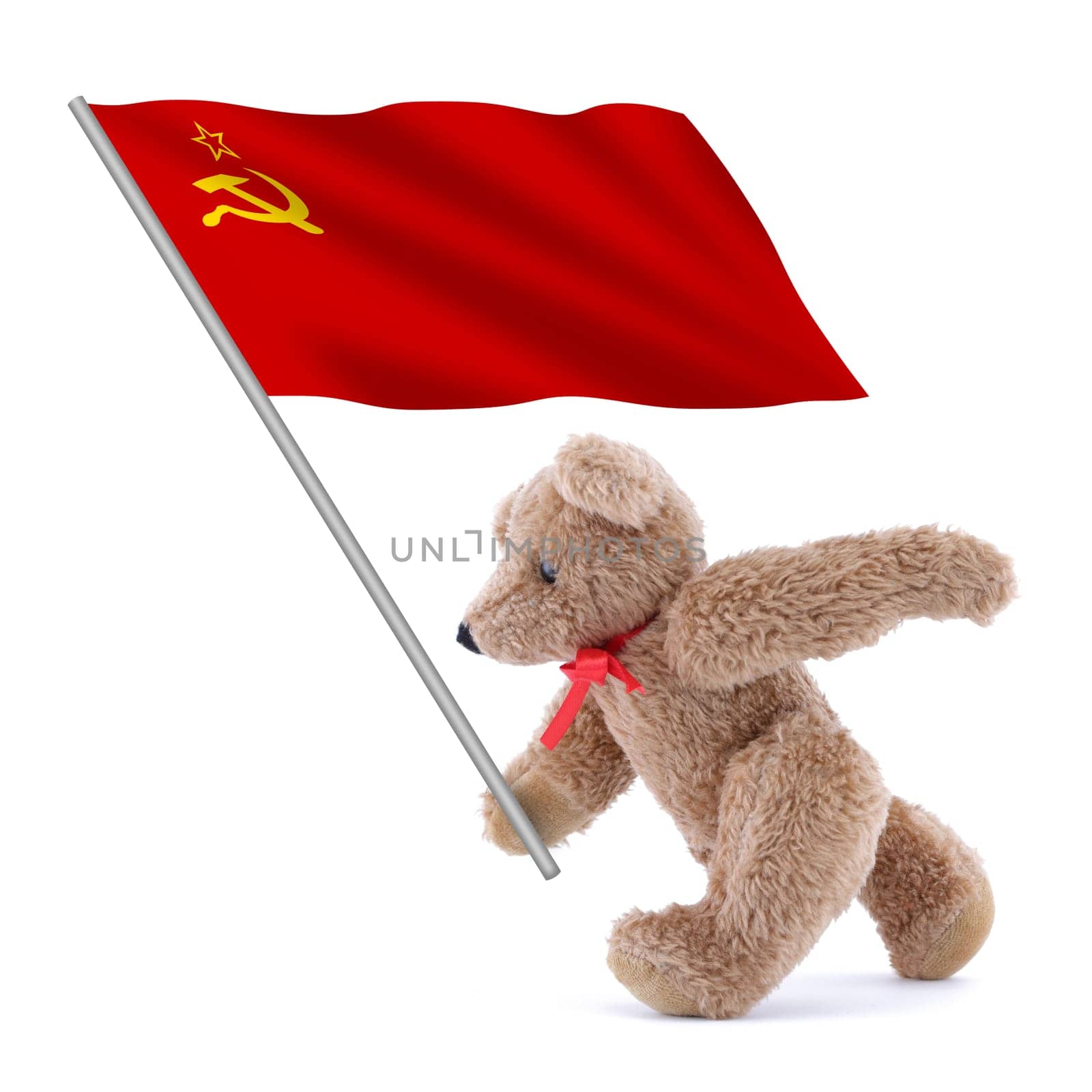 A USSR CCCP flag being carried by a cute teddy bear
