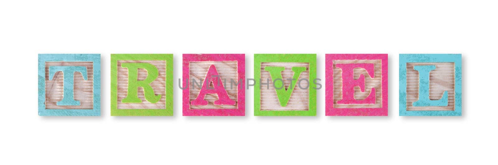 Travel concept with childs wood blocks on white with clipping path to remove shadow