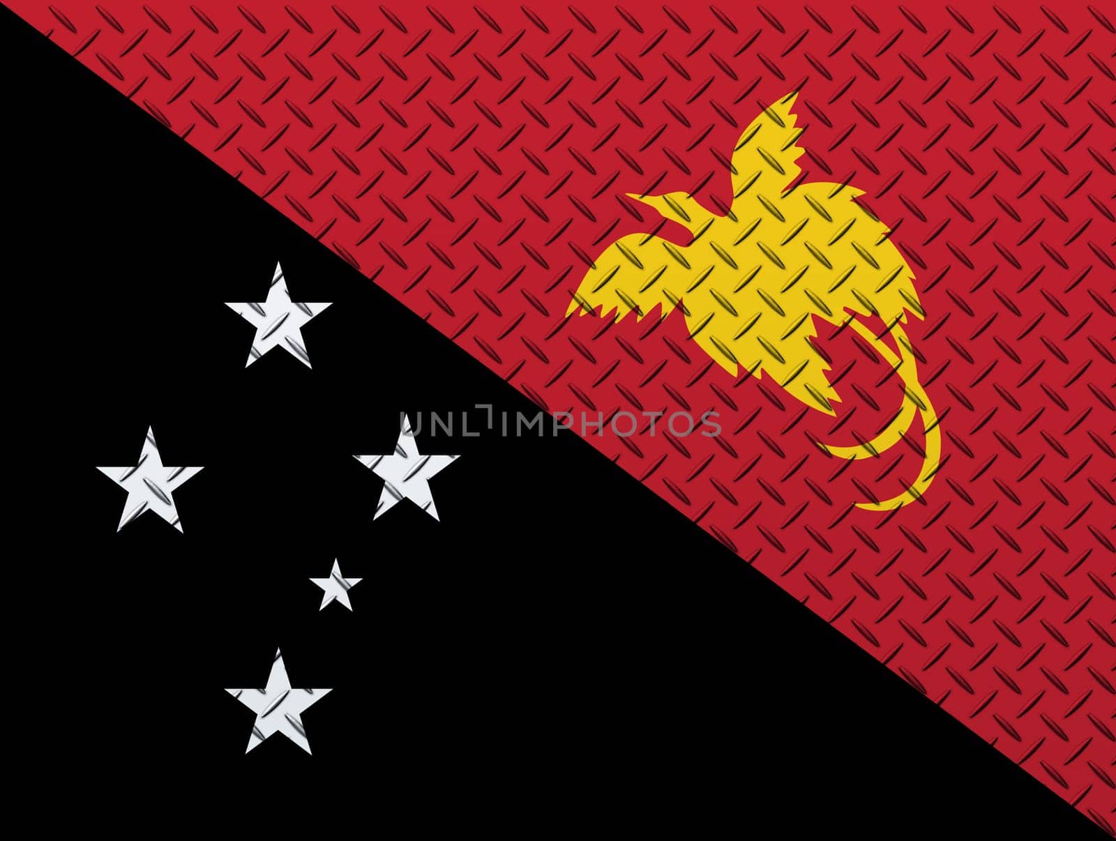 3D Flag of Papua New Guinea on a metal wall background.