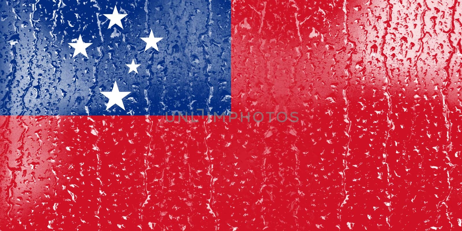 3D Flag of Samoa on a glass with water drop background.