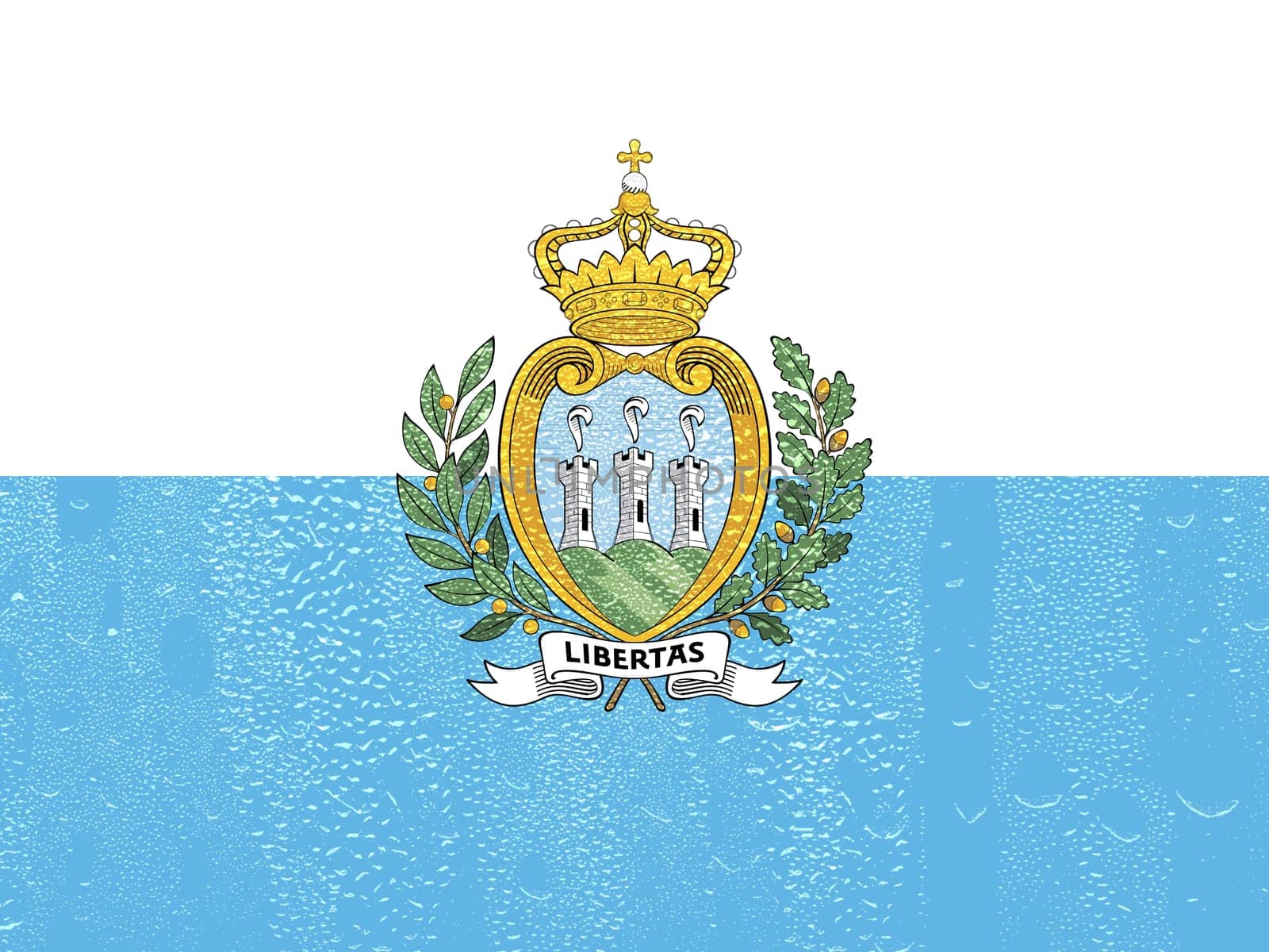3D Flag of San Marino on a glass with water drop background.
