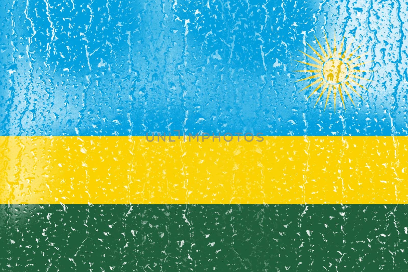 3D Flag of Rwanda on a glass with water drop background.